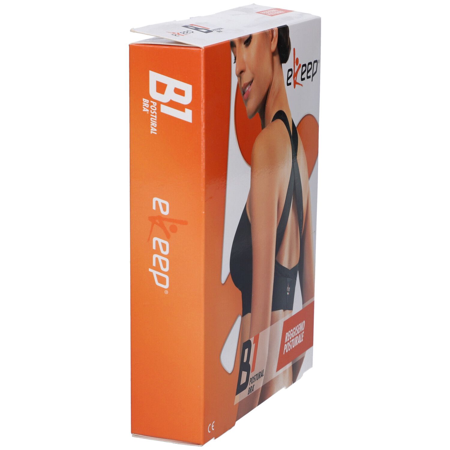 Vista laterale della confezione Ekeep B1 Postural Bra. Scatola arancione e bianca. Scritta: B1 Postural Bra, Reggiseno Posturale.