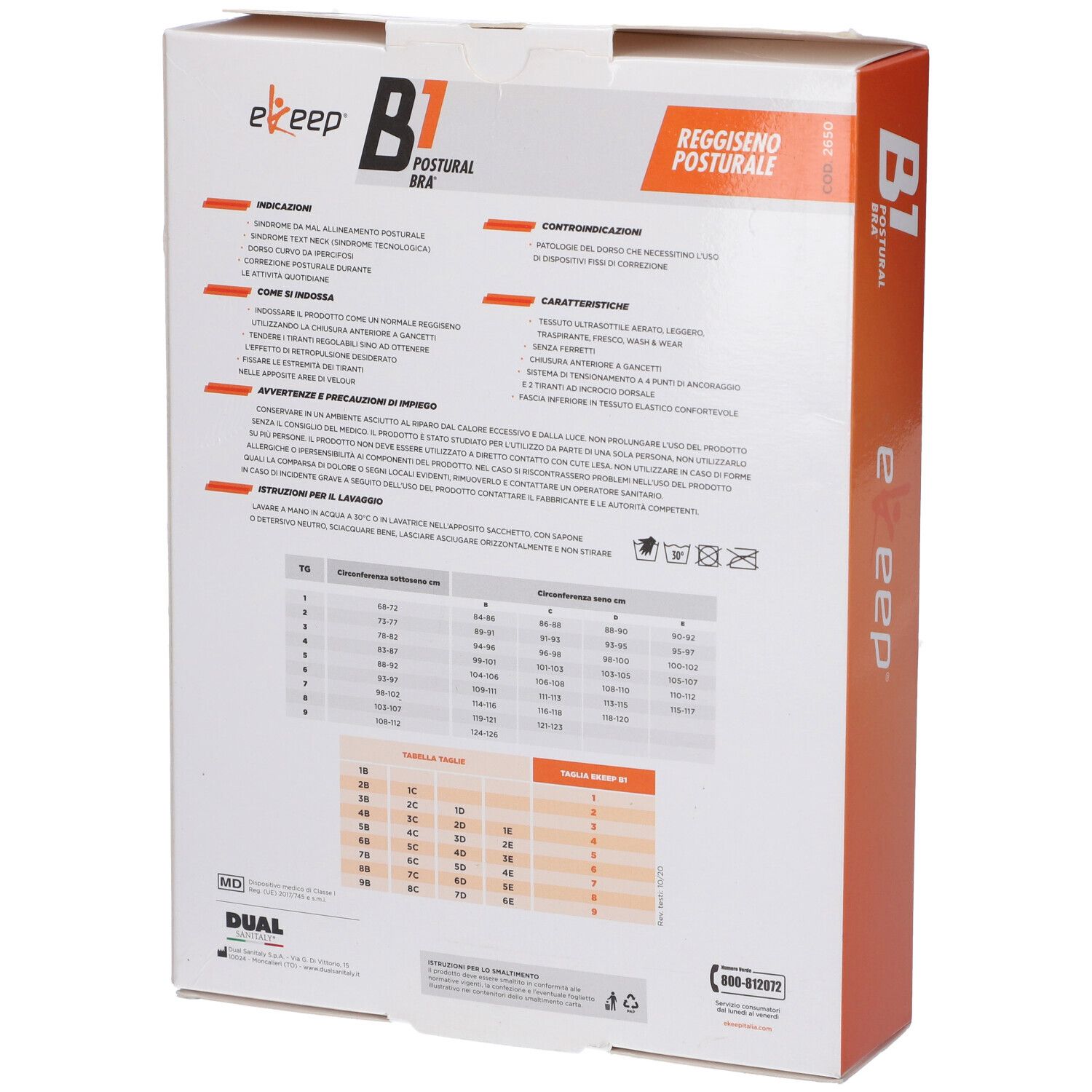 Retro della confezione Ekeep B1 Postural Bra. Testo e tabella taglie. Scritta: B1 Postural Bra, Reggiseno Posturale.