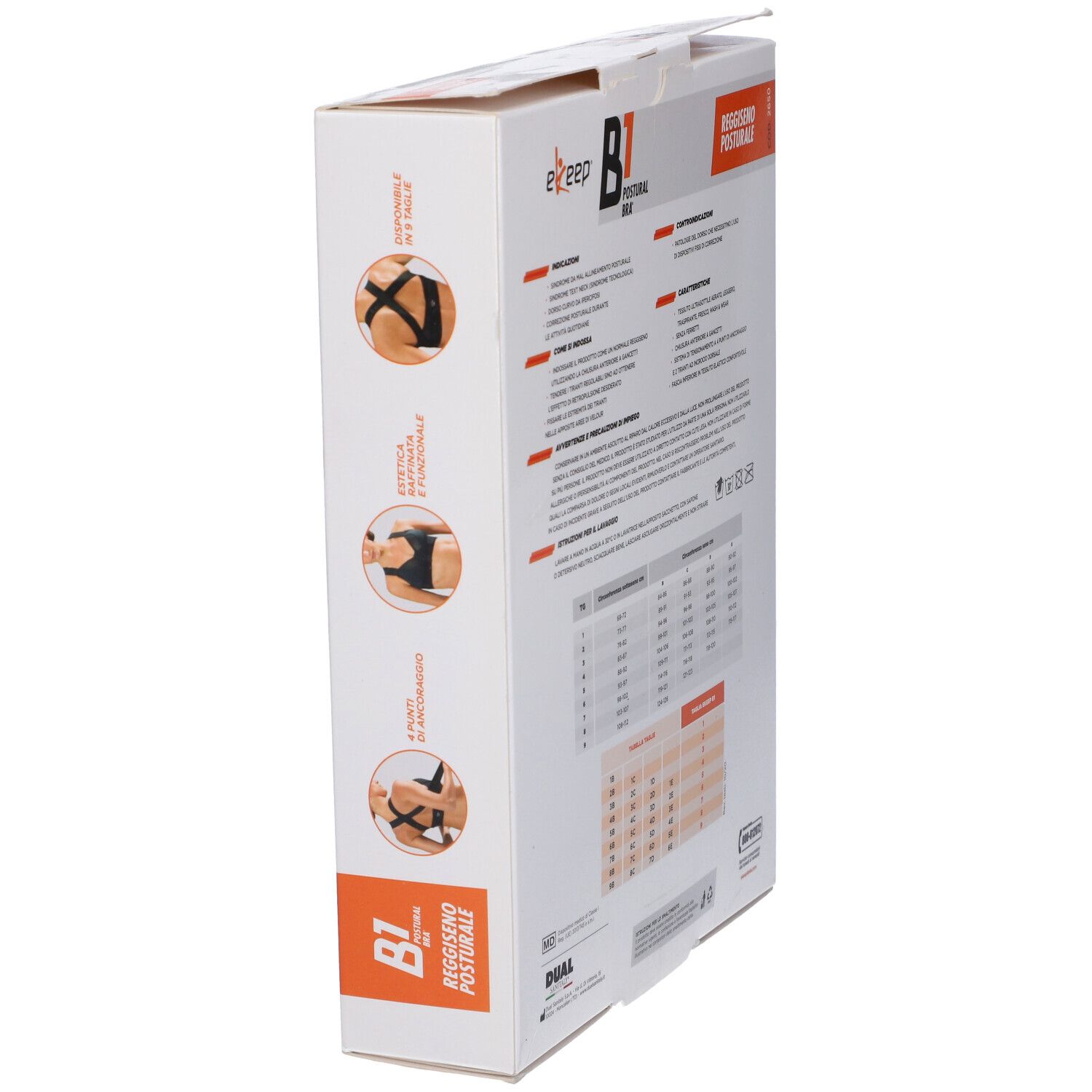 Vista laterale della confezione Ekeep B1 Postural Bra. Testo e illustrazioni. Scritta: B1 Postural Bra, Reggiseno Posturale.