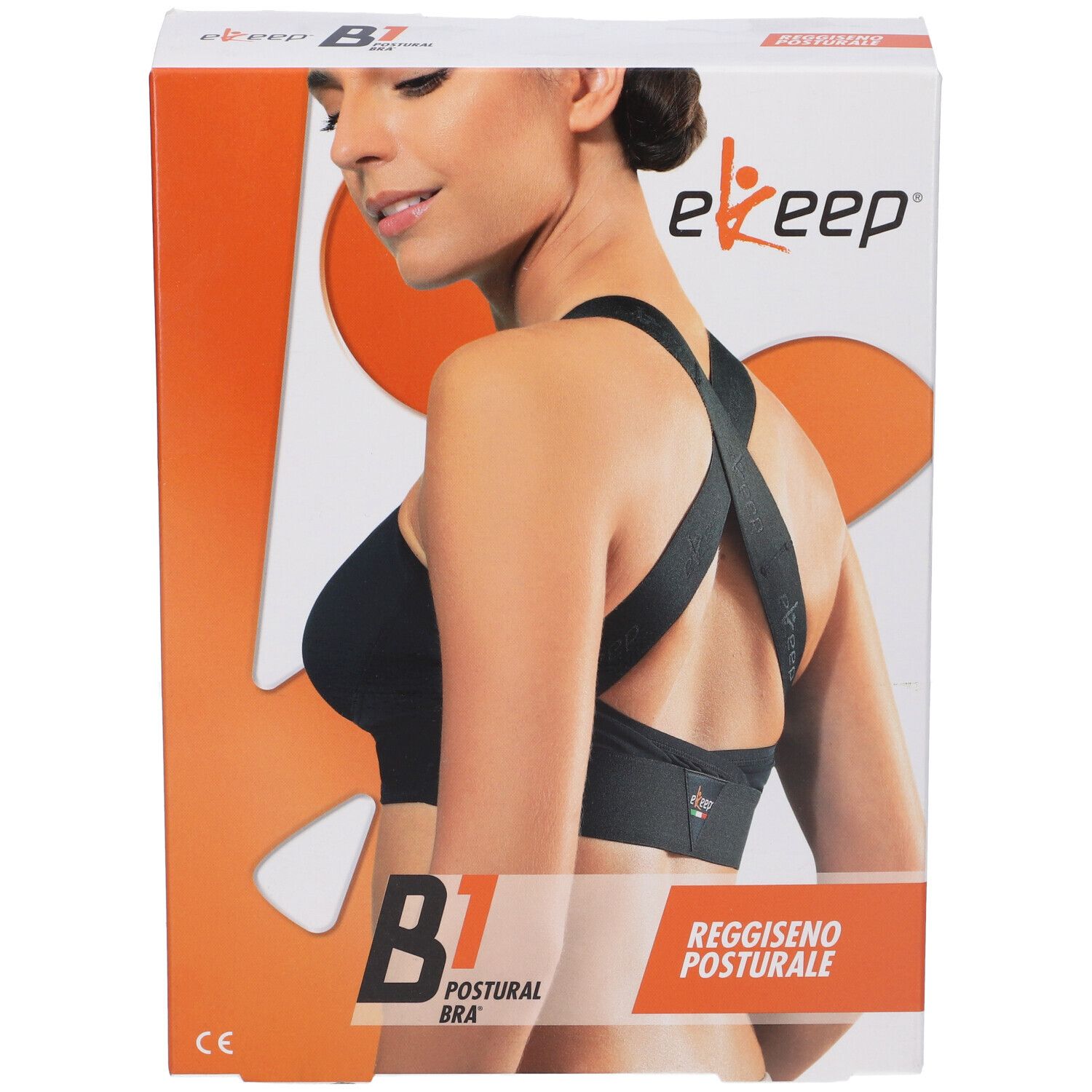 Vista frontale della confezione Ekeep B1 Postural Bra. Reggiseno nero con spalline incrociate. Scritta: B1 Postural Bra, Reggiseno Posturale.