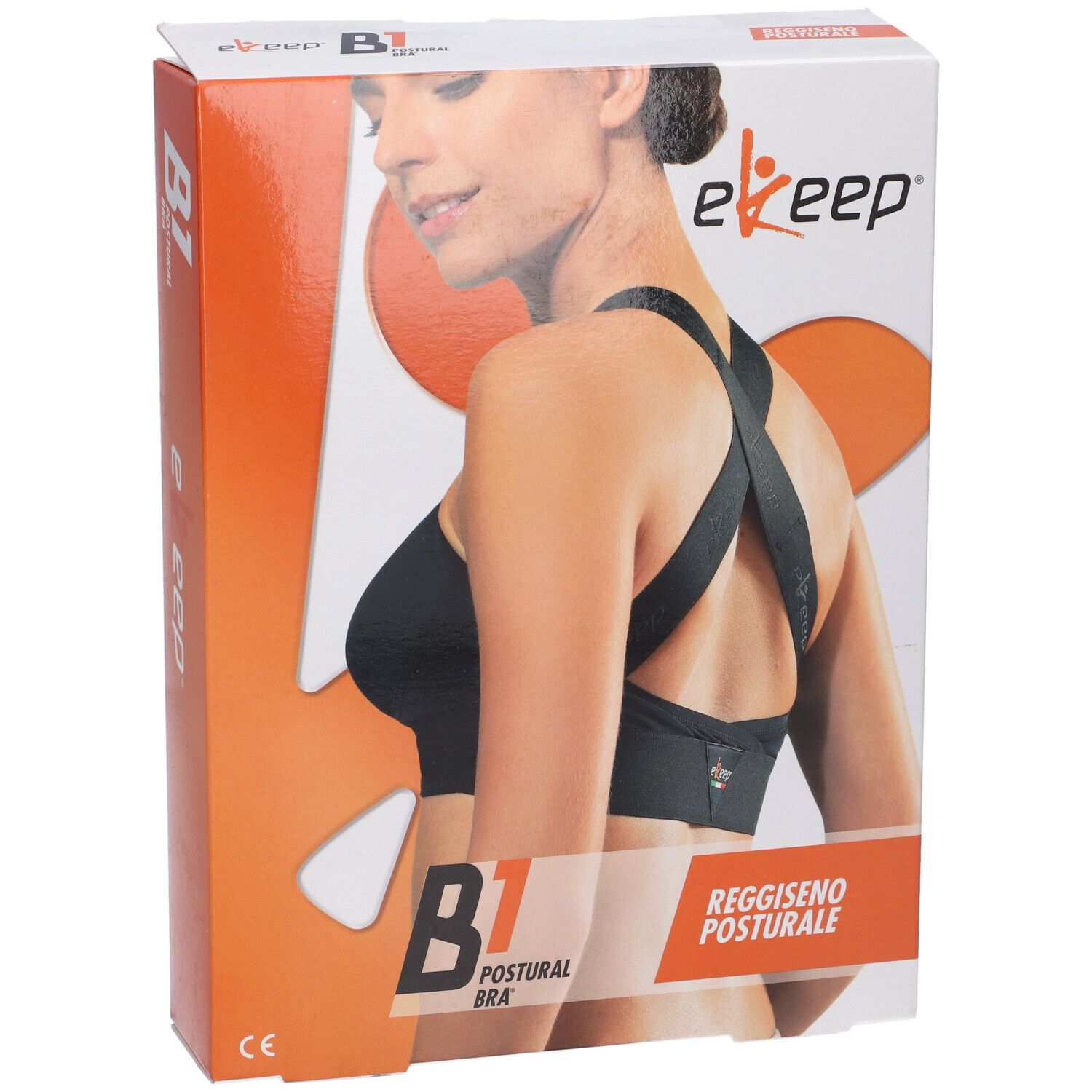 Vista frontale della confezione Ekeep B1 Postural Bra. Reggiseno nero con spalline incrociate. Scritta: B1 Postural Bra, Reggiseno Posturale.