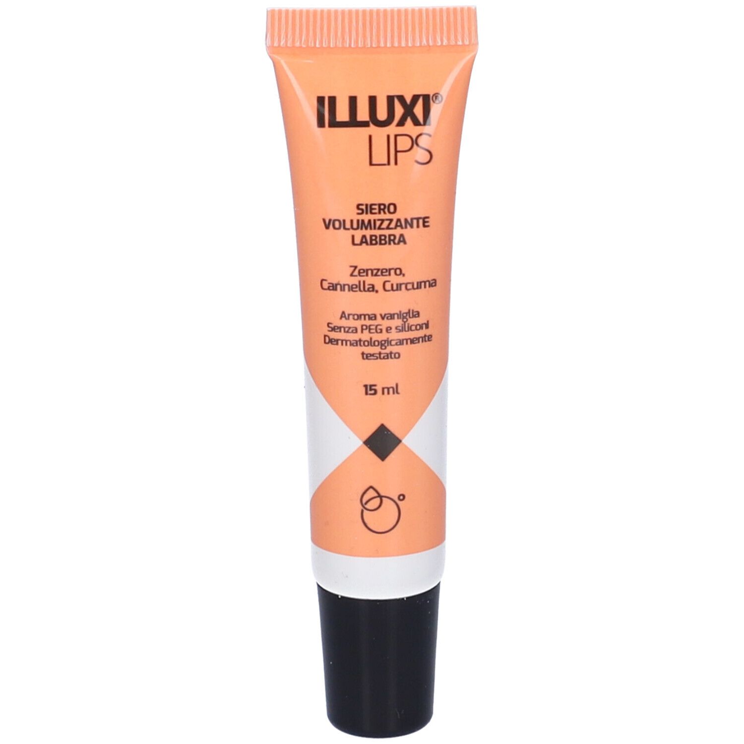 Tubo di siero Illuxi Lips, arancione. Scritte: marchio, nome prodotto, ingredienti, 15 ml. Tappo a vite nero.