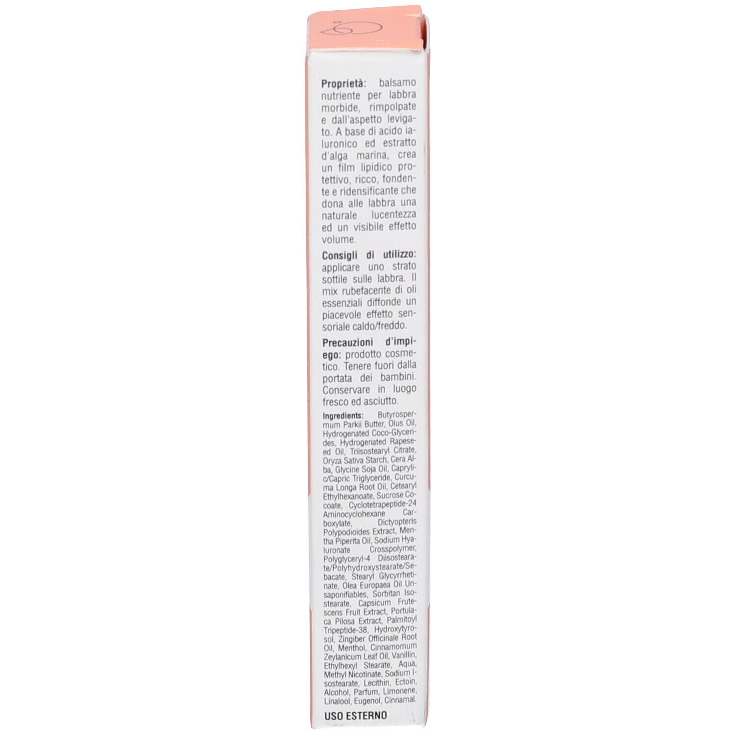 Retro della confezione del prodotto. Testo: ingredienti, istruzioni per l'uso, precauzioni, 15 ml, informazioni di contatto.