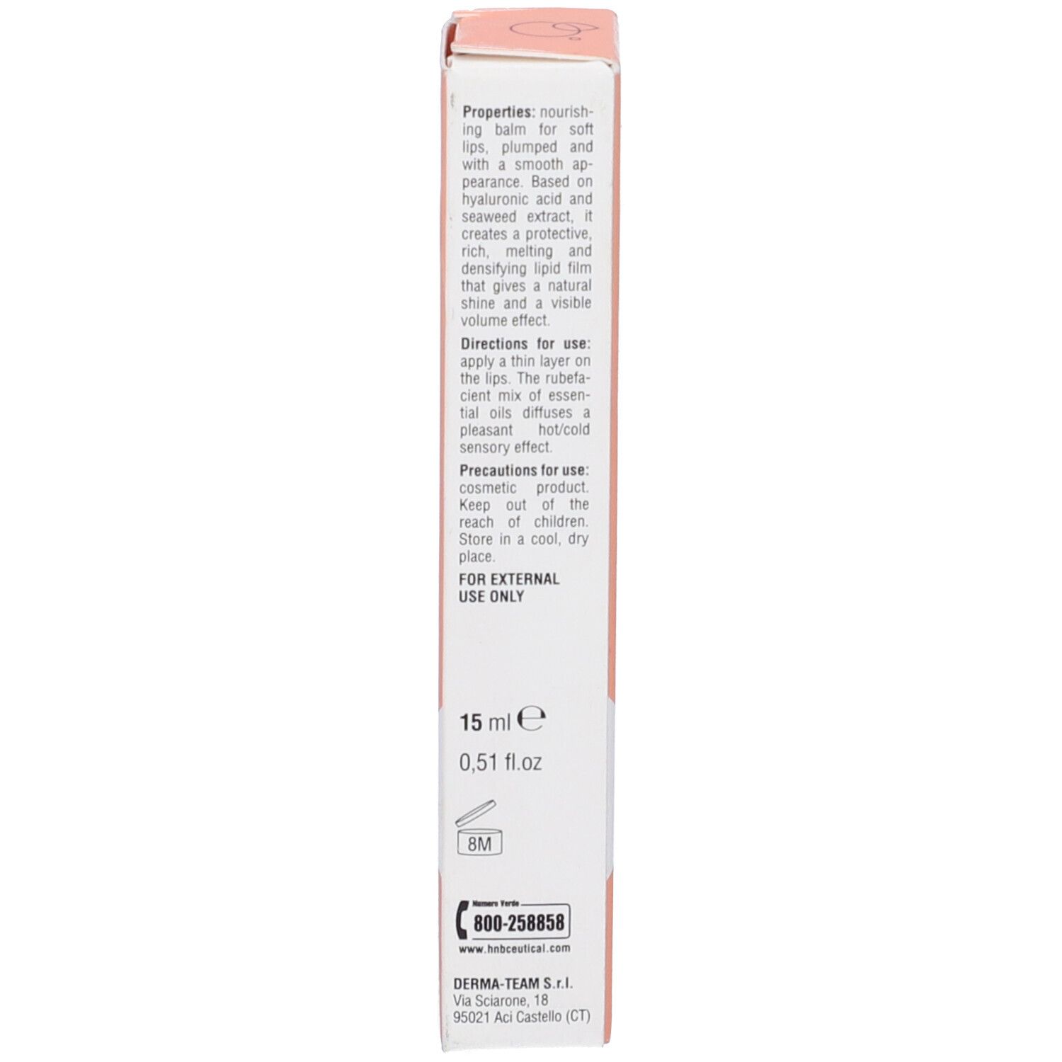 Retro della confezione del prodotto. Testo: proprietà, istruzioni per l'uso, precauzioni, 15 ml, informazioni di contatto.