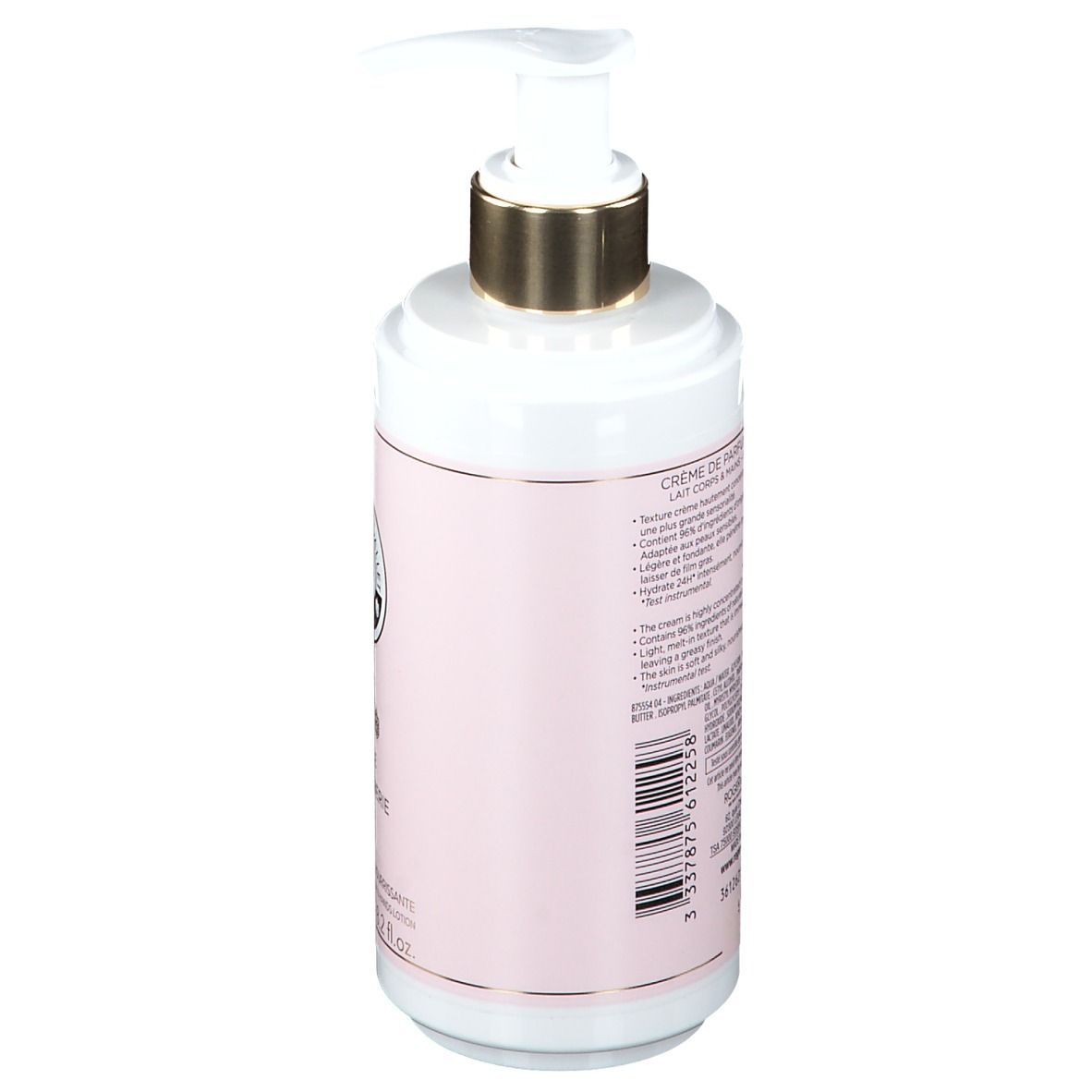Flacone bianco-rosa con dosatore a pompa. Retro con testo e codice a barre.
