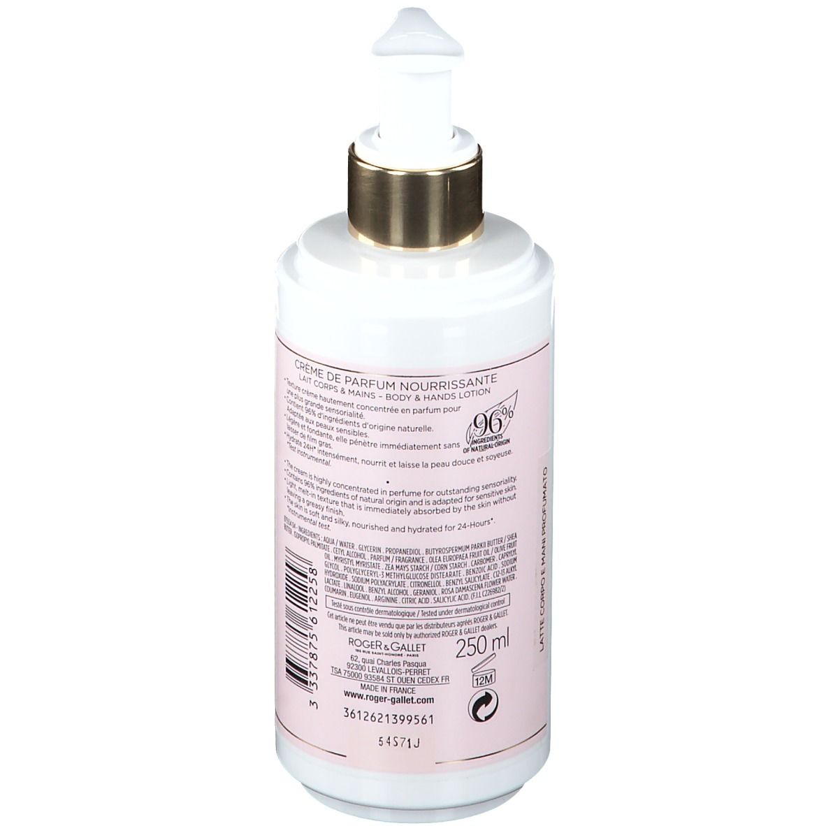 Flacone bianco-rosa con dosatore a pompa. Retro con testo, 96% ingredienti naturali.