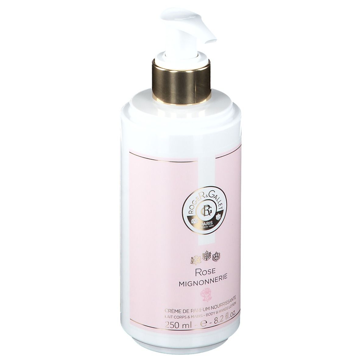 Flacone bianco-rosa con dosatore a pompa. Scritta: Rose Mignonnerie, Roger & Gallet.