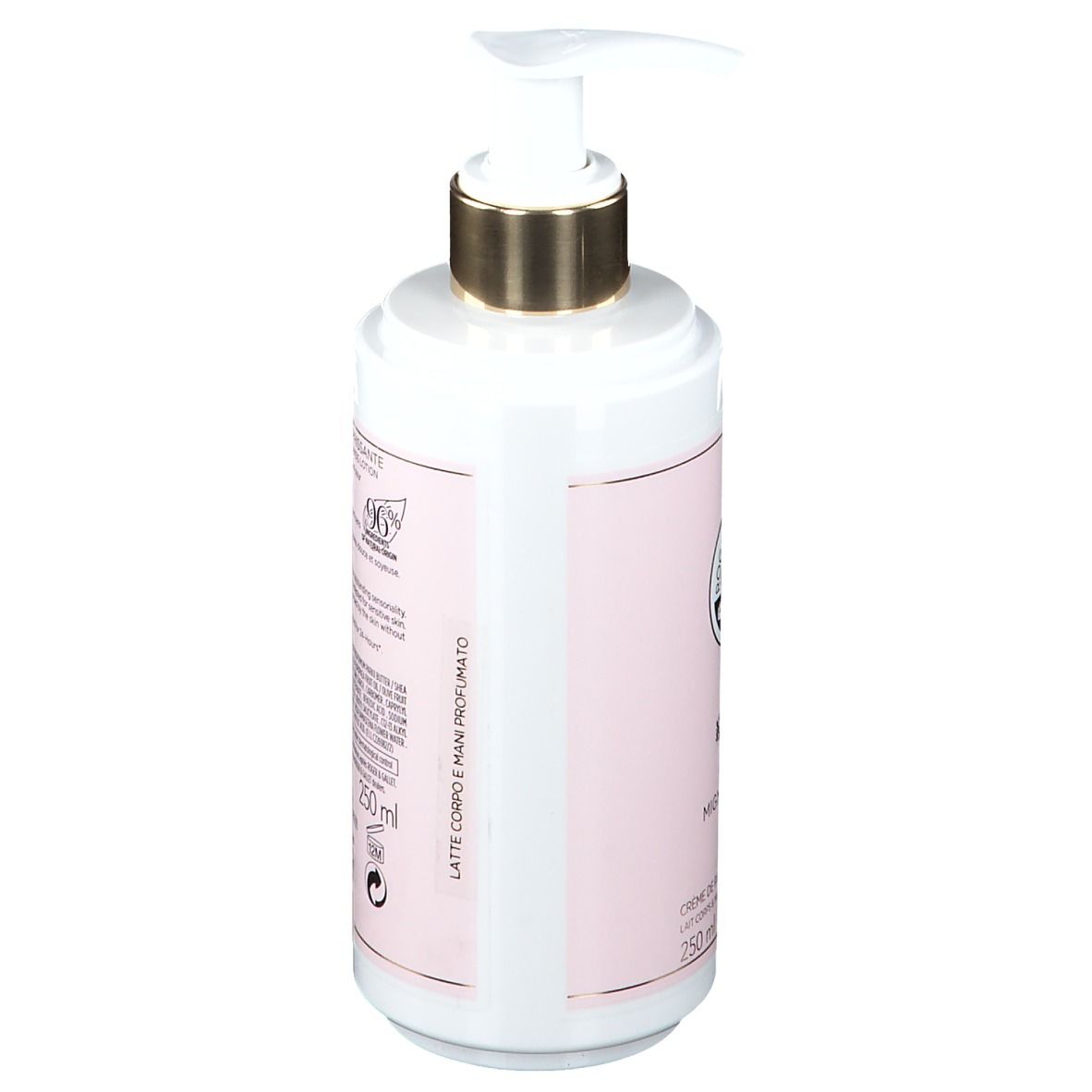 Flacone bianco-rosa con dosatore a pompa. Retro con testo e logo.