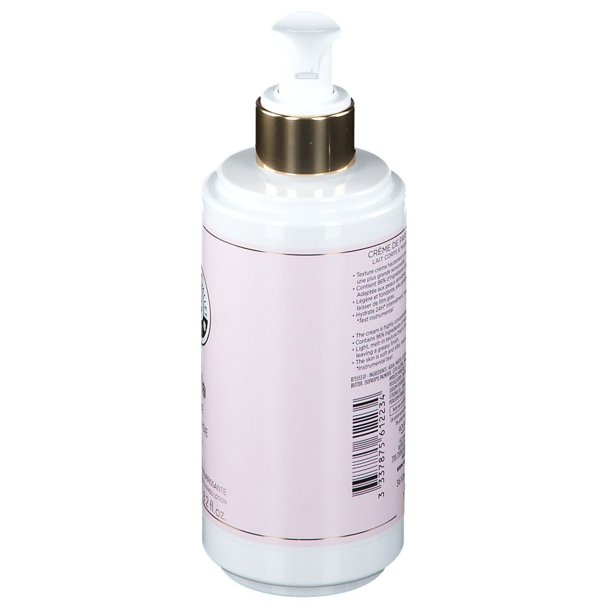 Flacone con etichetta rosa e testo. Codice a barre. Pompa dorata. Testo: Crème de Parfum Nourrissante, 250 ml.