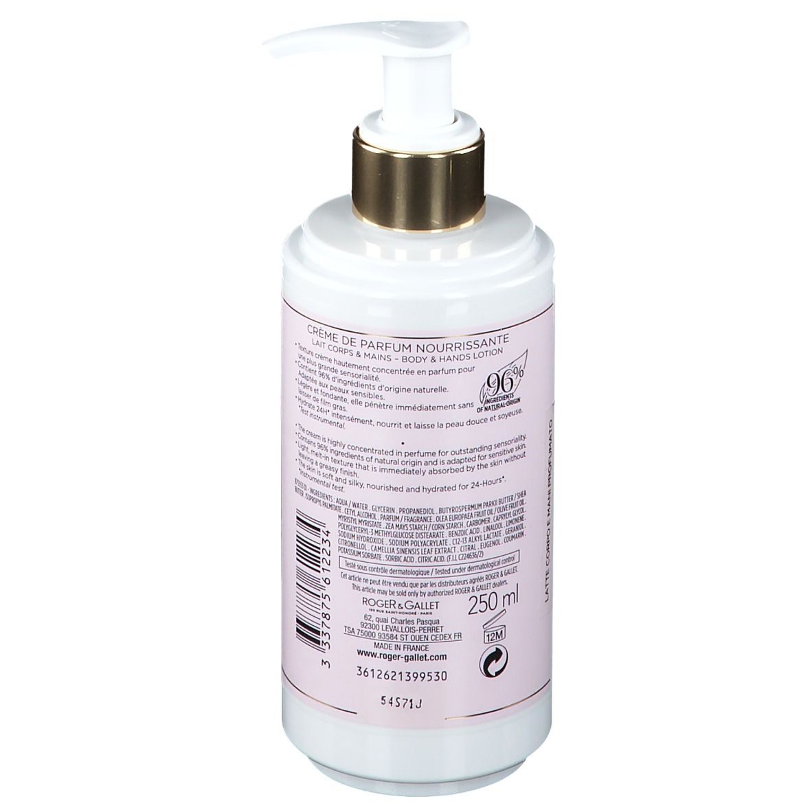 Flacone con etichetta rosa e testo. Pompa dorata. Testo: Crème de Parfum Nourrissante, 250 ml, 96% ingredienti naturali.