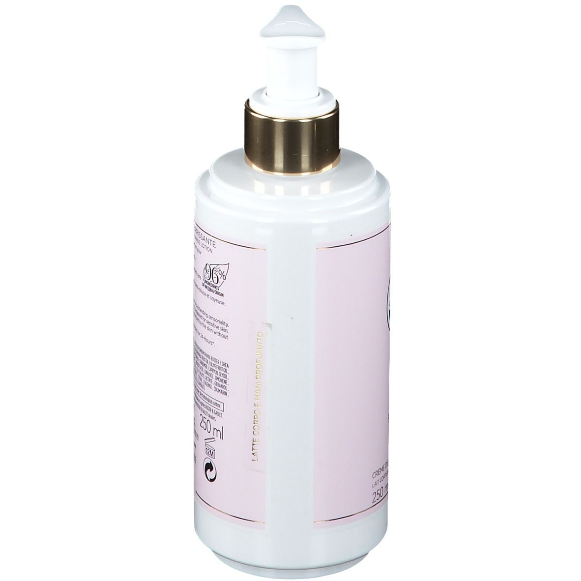Flacone con etichetta rosa e testo. Pompa dorata. Testo: Crème de Parfum Nourrissante, 250 ml, 96% ingredienti naturali.