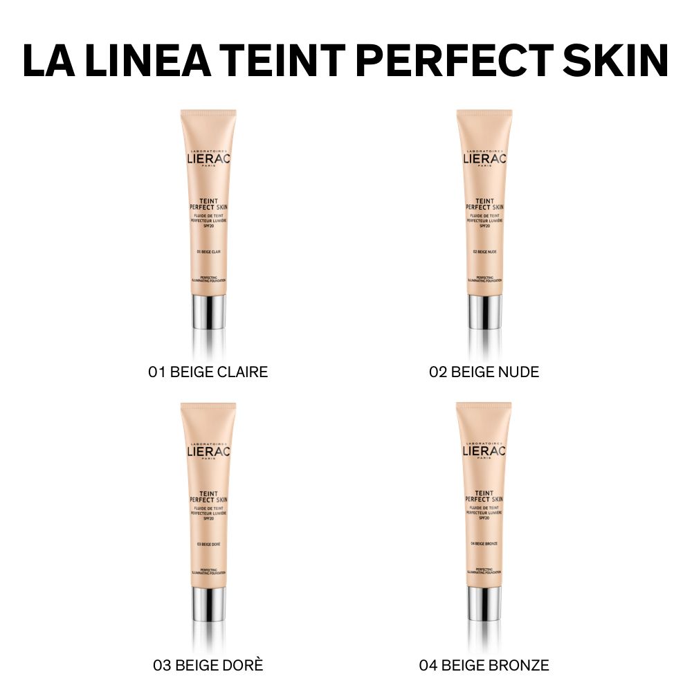 Quattro tubi di fondotinta. Scritta: LIERAC, TEINT PERFECT SKIN. Colori: 01 Beige Claire, 02 Beige Nude, 03 Beige Doré, 04 Beige Bronze.