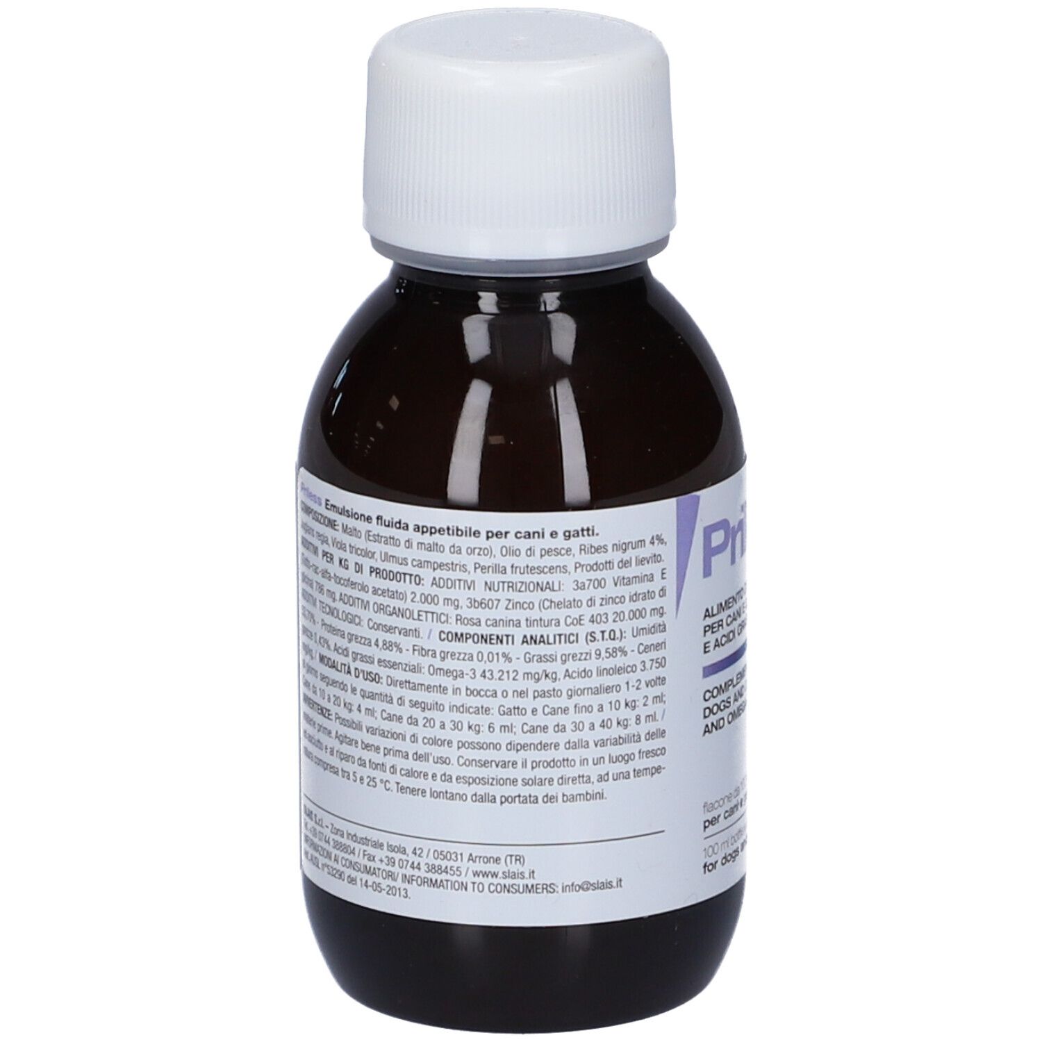 Flacone marrone con tappo bianco. Retro con informazioni sugli ingredienti e produttore.