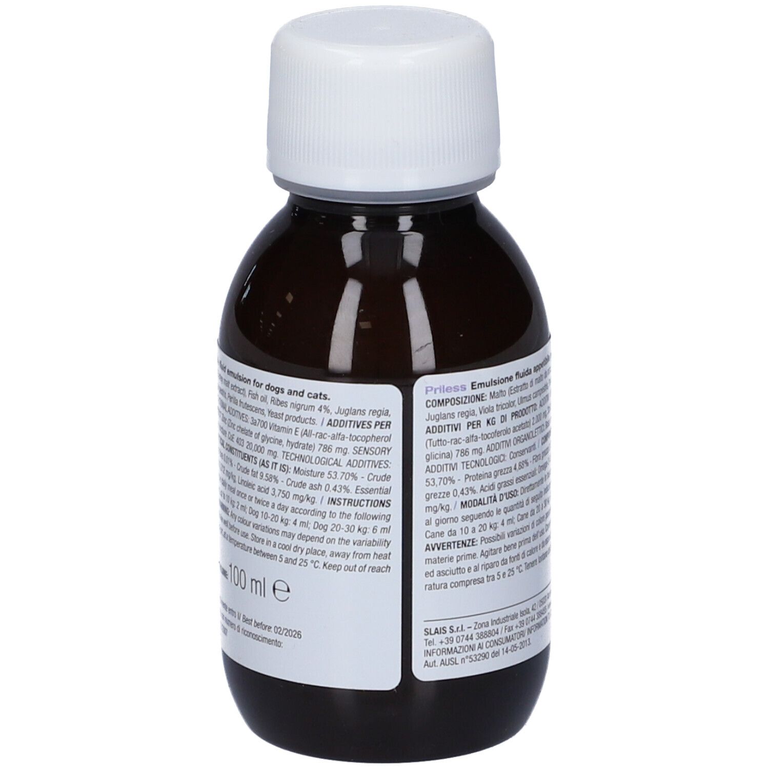 Flacone marrone con tappo bianco. Retro con informazioni sugli ingredienti e dosaggio.