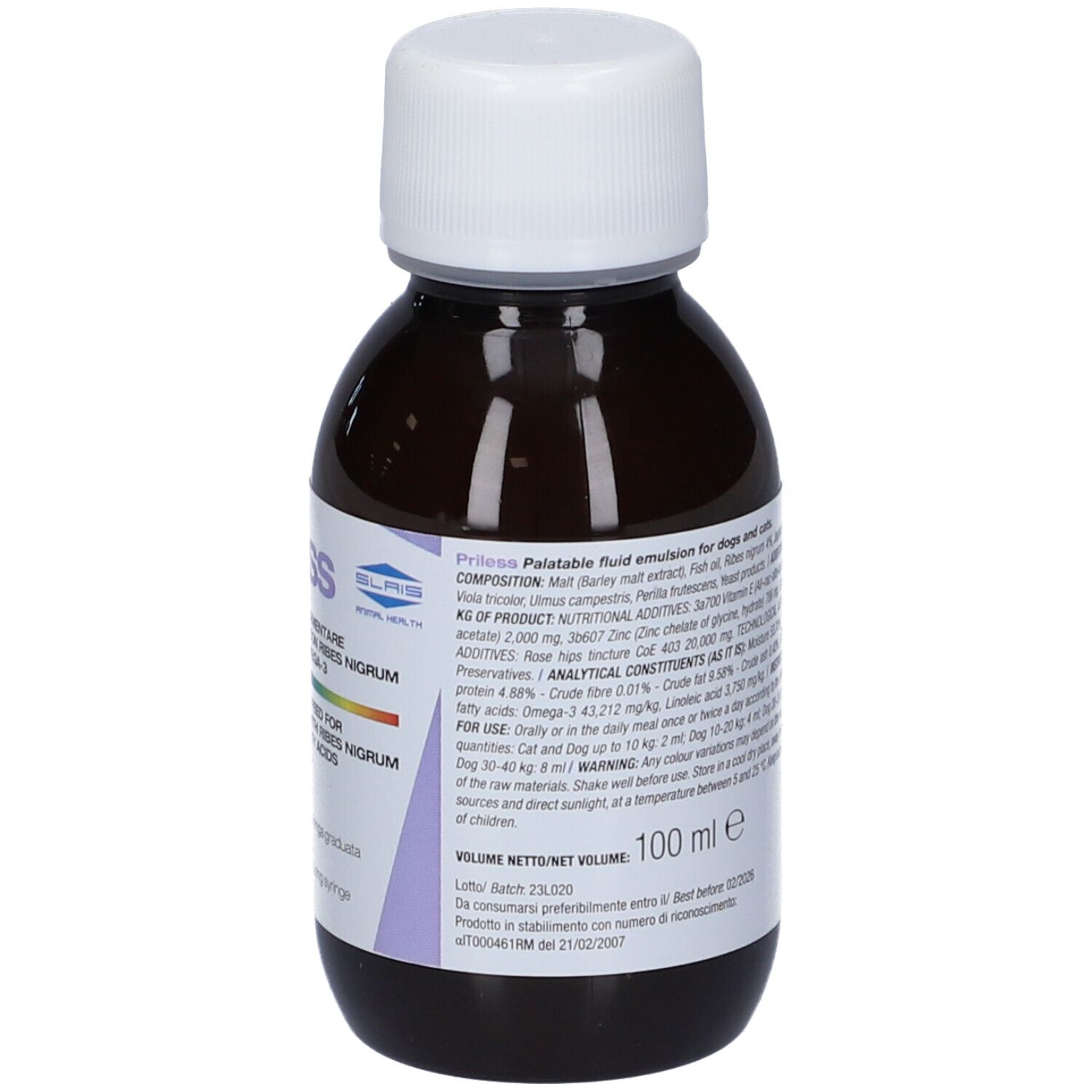 Flacone marrone con tappo bianco. Retro con informazioni sugli ingredienti e data di scadenza.