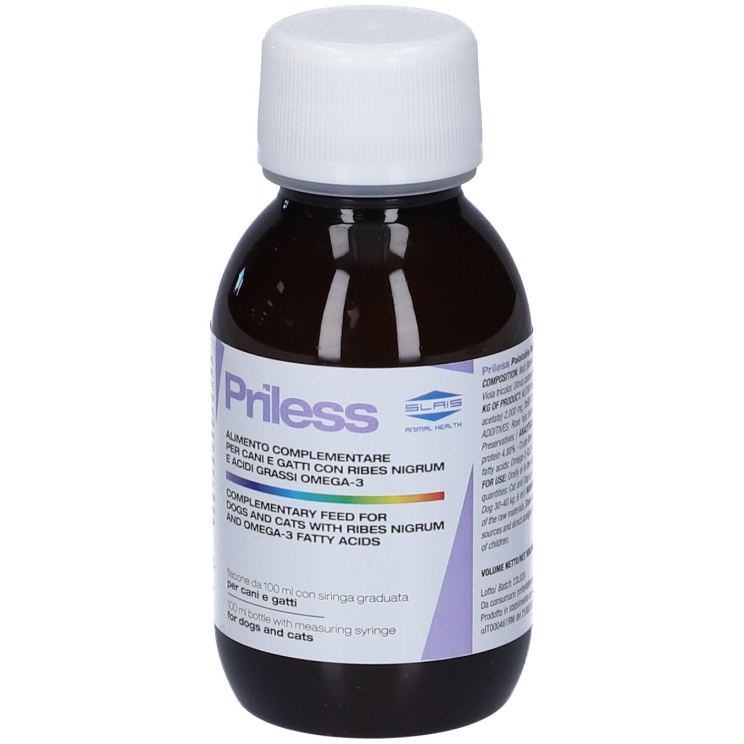 Flacone marrone con tappo bianco. Scritta Priless. Alimento complementare per cani e gatti.