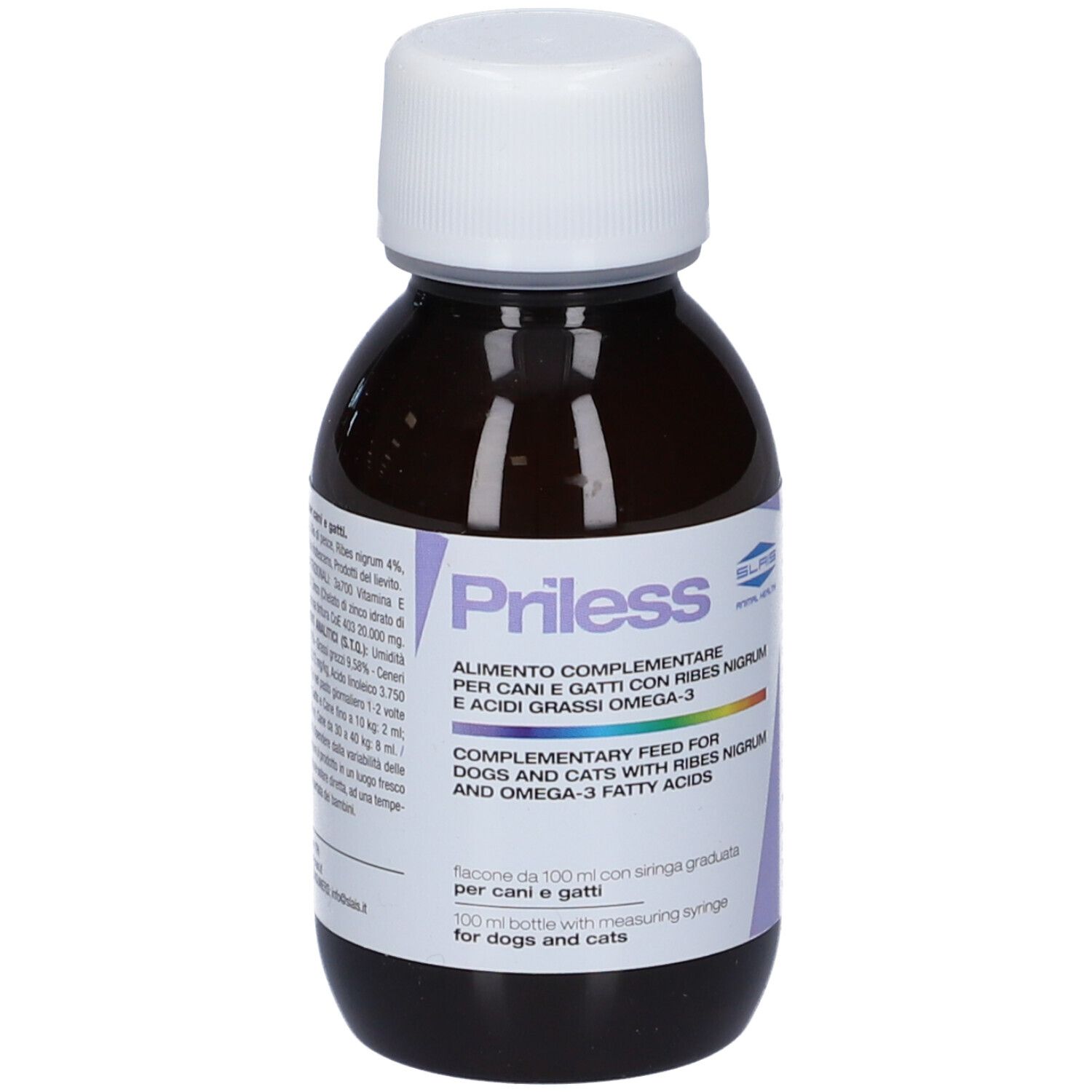 Flacone marrone con tappo bianco. Scritta Priless. Alimento complementare per cani e gatti.