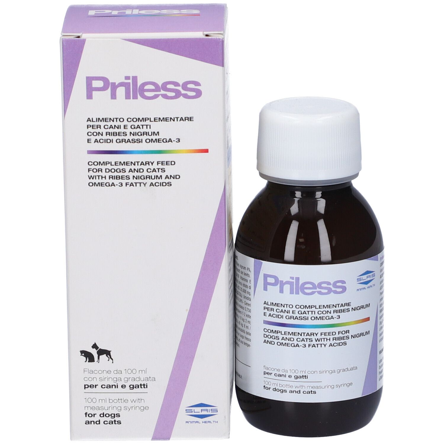 Flacone e confezione del prodotto. Scritta Priless. Alimento complementare per cani e gatti.