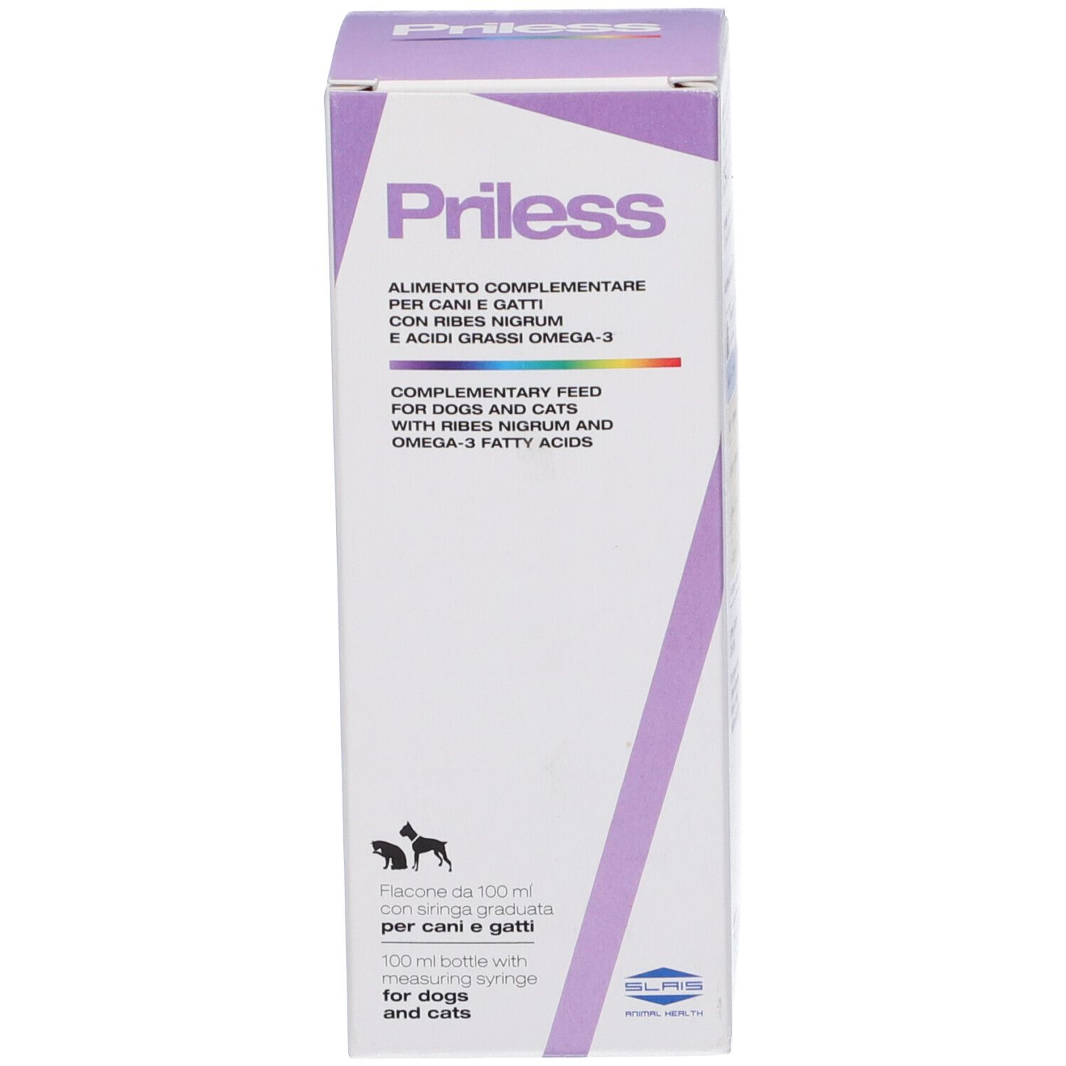 Confezione del prodotto. Scritta Priless. Alimento complementare per cani e gatti.