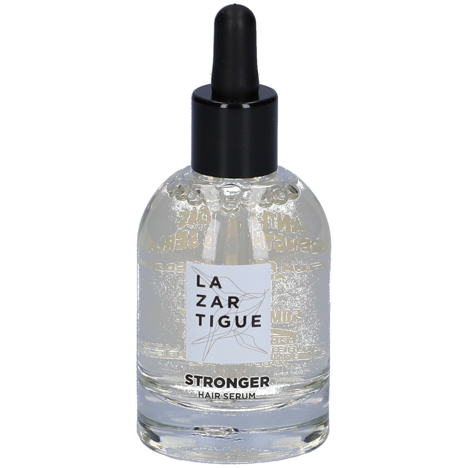 Siero trasparente in bottiglia di vetro con tappo nero e contagocce. L'etichetta riporta "LAZARTIGUE" e "STRONGER HAIR SERUM".
