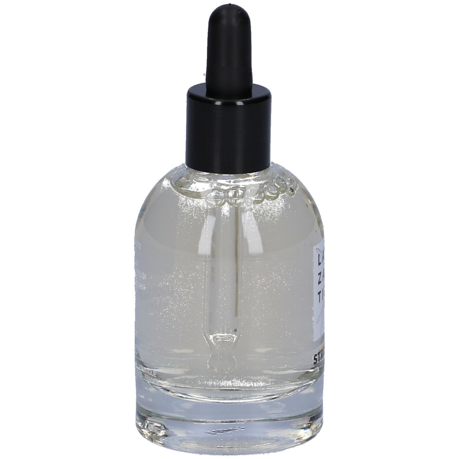 Siero trasparente in bottiglia di vetro con tappo nero e contagocce. L'etichetta riporta "LAZARTIGUE" e "STRONGER HAIR SERUM".