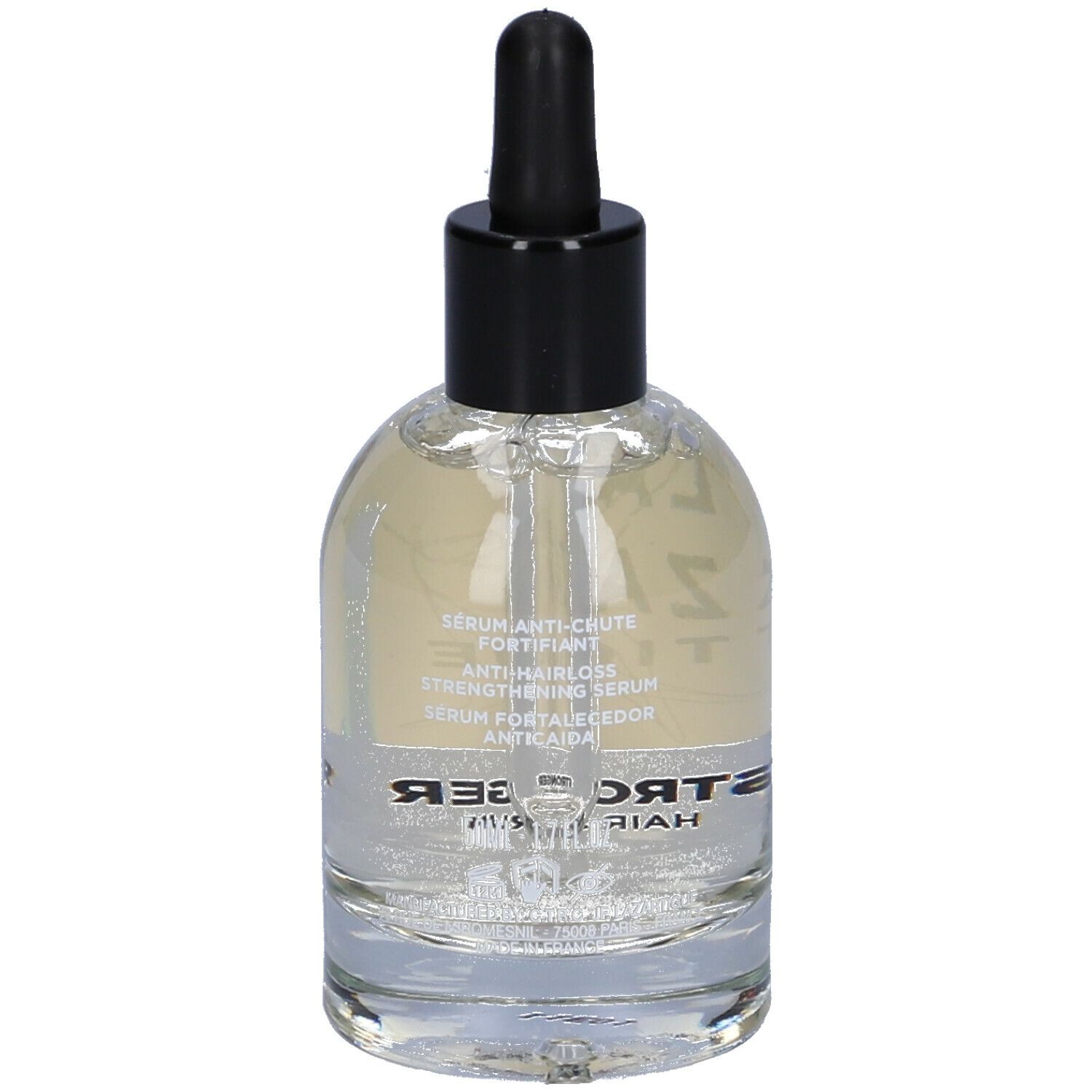 Siero trasparente in bottiglia di vetro con tappo nero e contagocce. L'etichetta riporta "LAZARTIGUE" e "STRONGER HAIR SERUM".