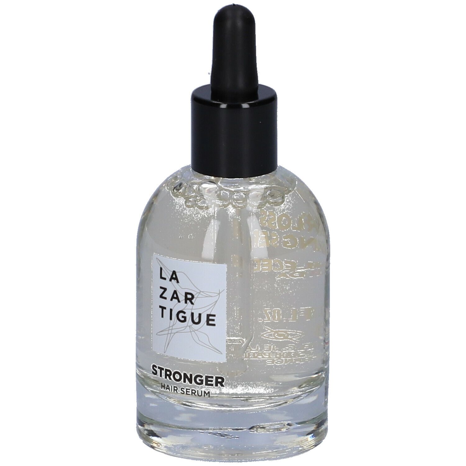 Siero trasparente in bottiglia di vetro con tappo nero e contagocce. L'etichetta riporta "LAZARTIGUE" e "STRONGER HAIR SERUM".