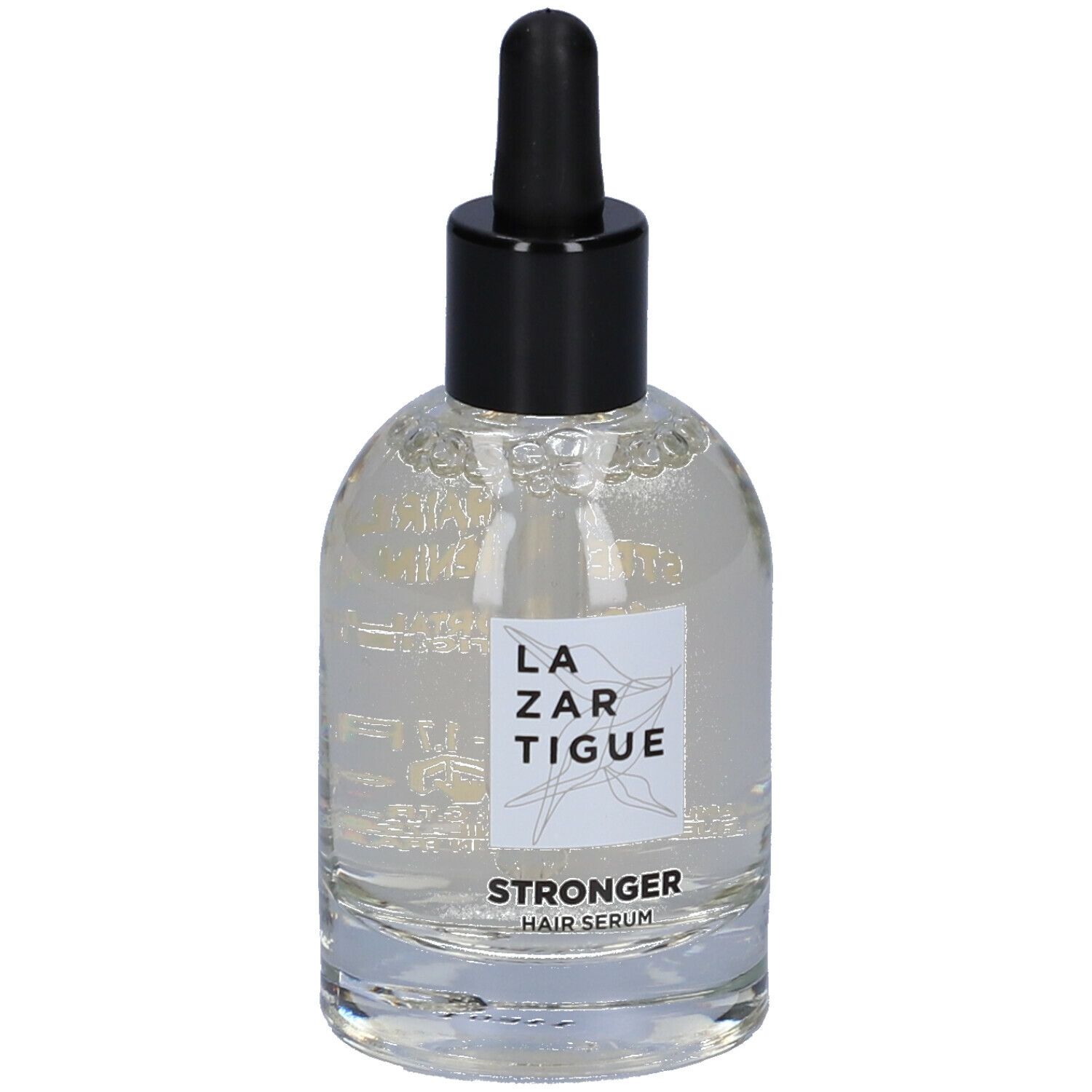 Siero trasparente in bottiglia di vetro con tappo nero e contagocce. L'etichetta riporta "LAZARTIGUE" e "STRONGER HAIR SERUM".
