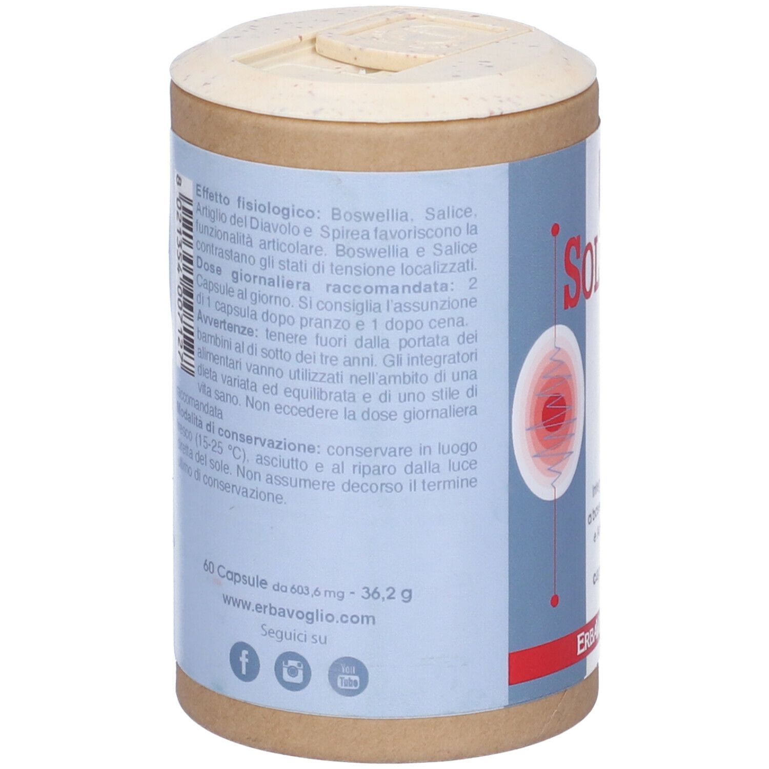 Retro del barattolo Sollievo. Testo con ingredienti e istruzioni per l'uso. Marchio: ErbaVoglio. 60 capsule.