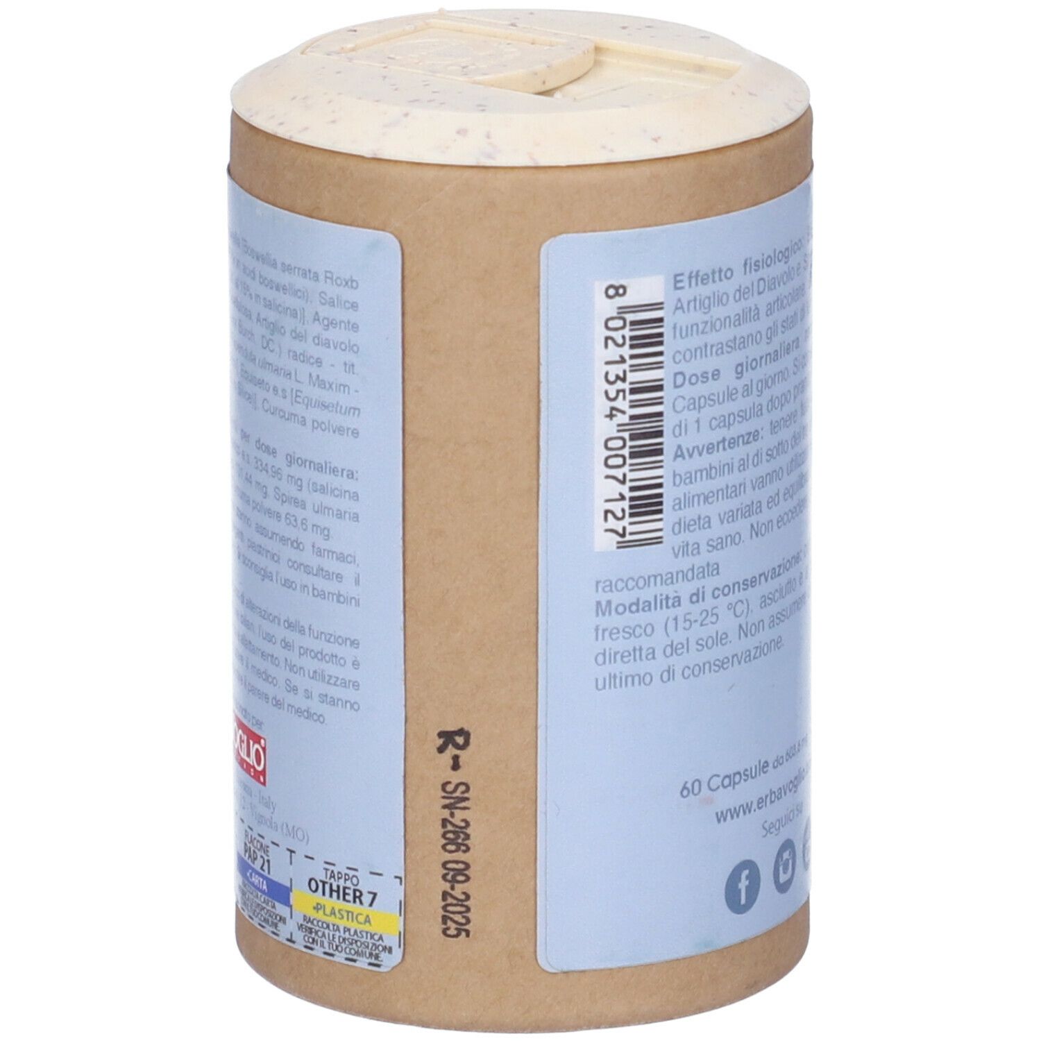 Lato del barattolo Sollievo con testo e simbolo di riciclaggio. Marchio: ErbaVoglio. 60 capsule.