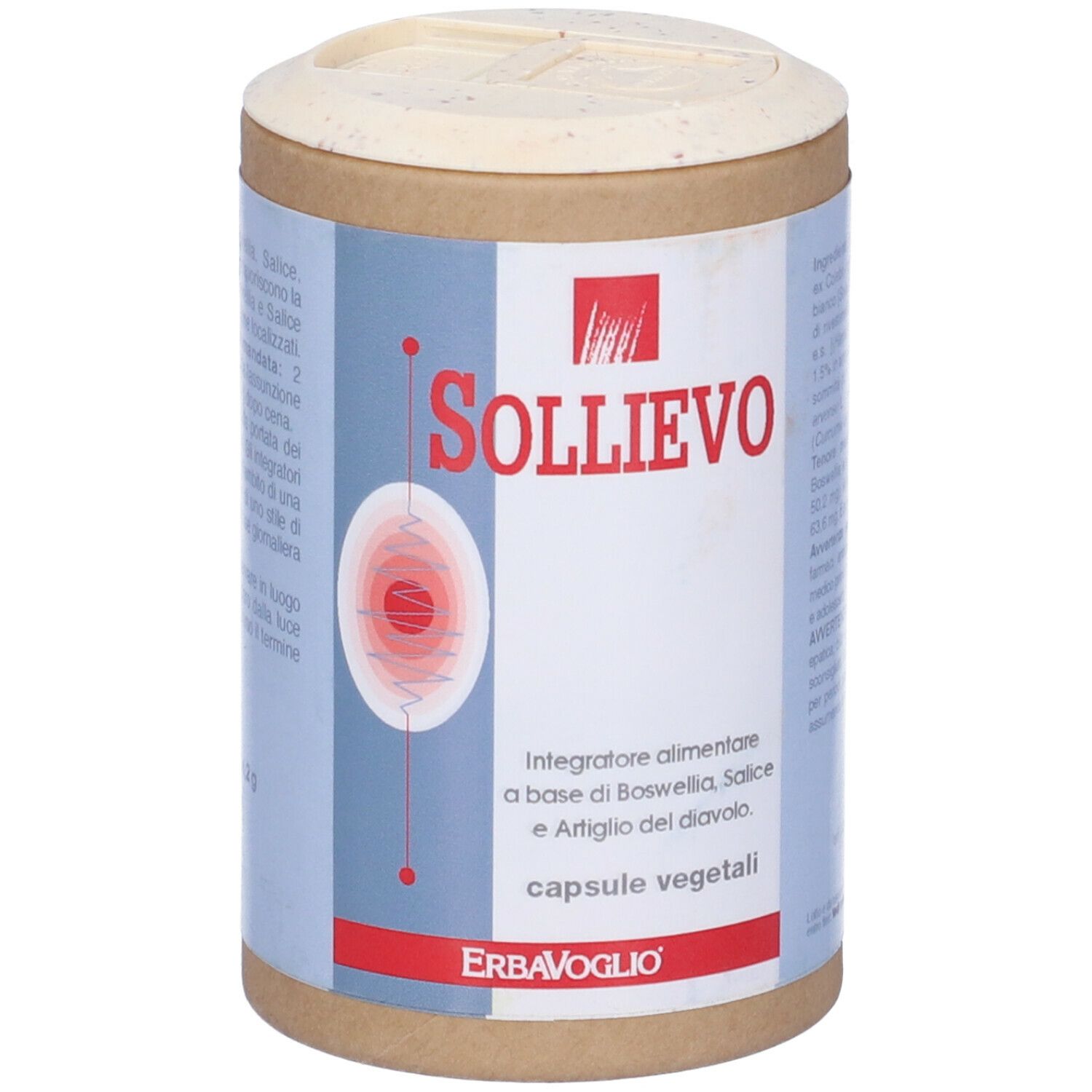Barattolo cilindrico Sollievo con logo e design rosso. Contiene capsule vegetali. Marchio: ErbaVoglio.