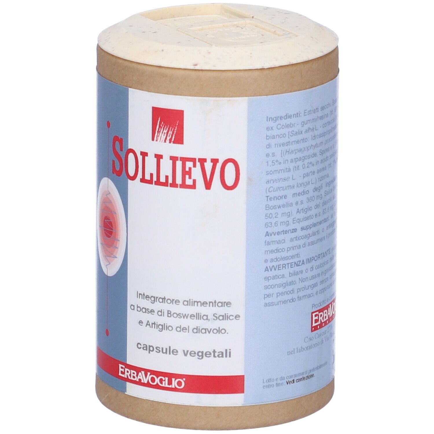 Barattolo cilindrico Sollievo con logo e design rosso. Contiene capsule vegetali. Marchio: ErbaVoglio.