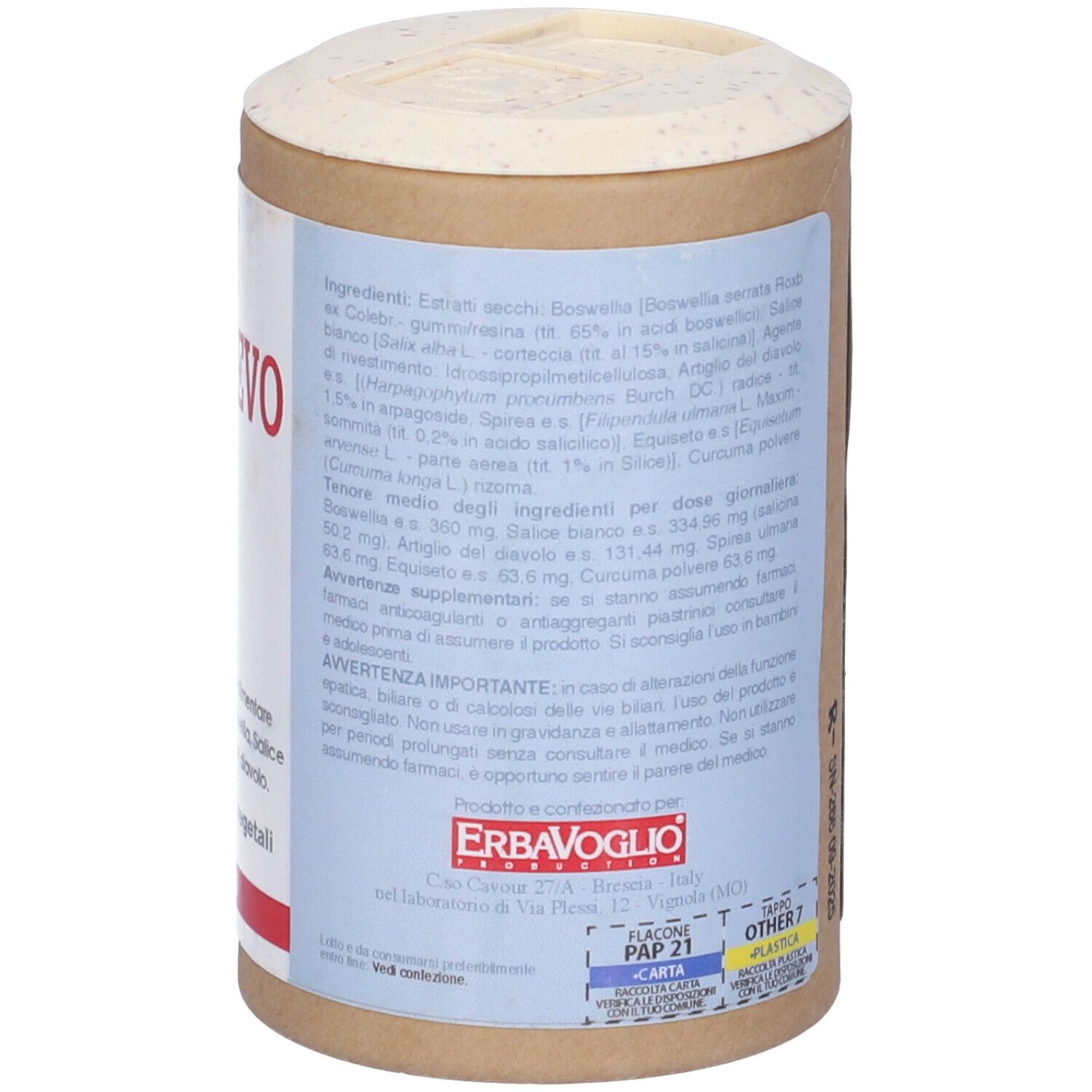 Retro del barattolo Sollievo. Testo con ingredienti e avvertenze. Marchio: ErbaVoglio. 60 capsule.