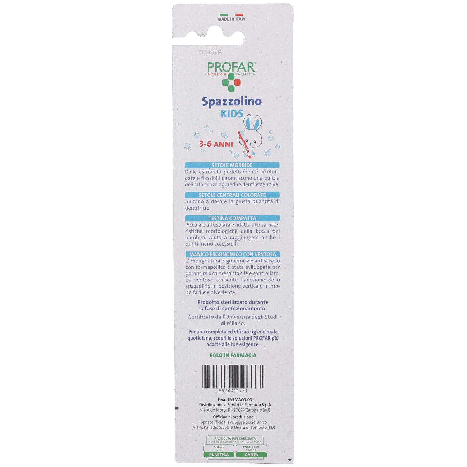 Retro della confezione dello spazzolino. Testo in italiano. Contiene informazioni sulle caratteristiche e sul marchio PROFAR.