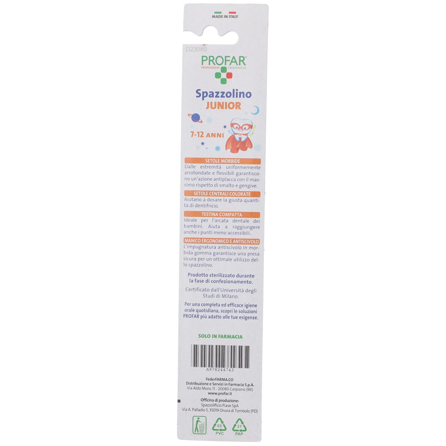 Confezione spazzolino Junior 7-12 Anni. Marchio Profar. Testo in italiano. Certificato.