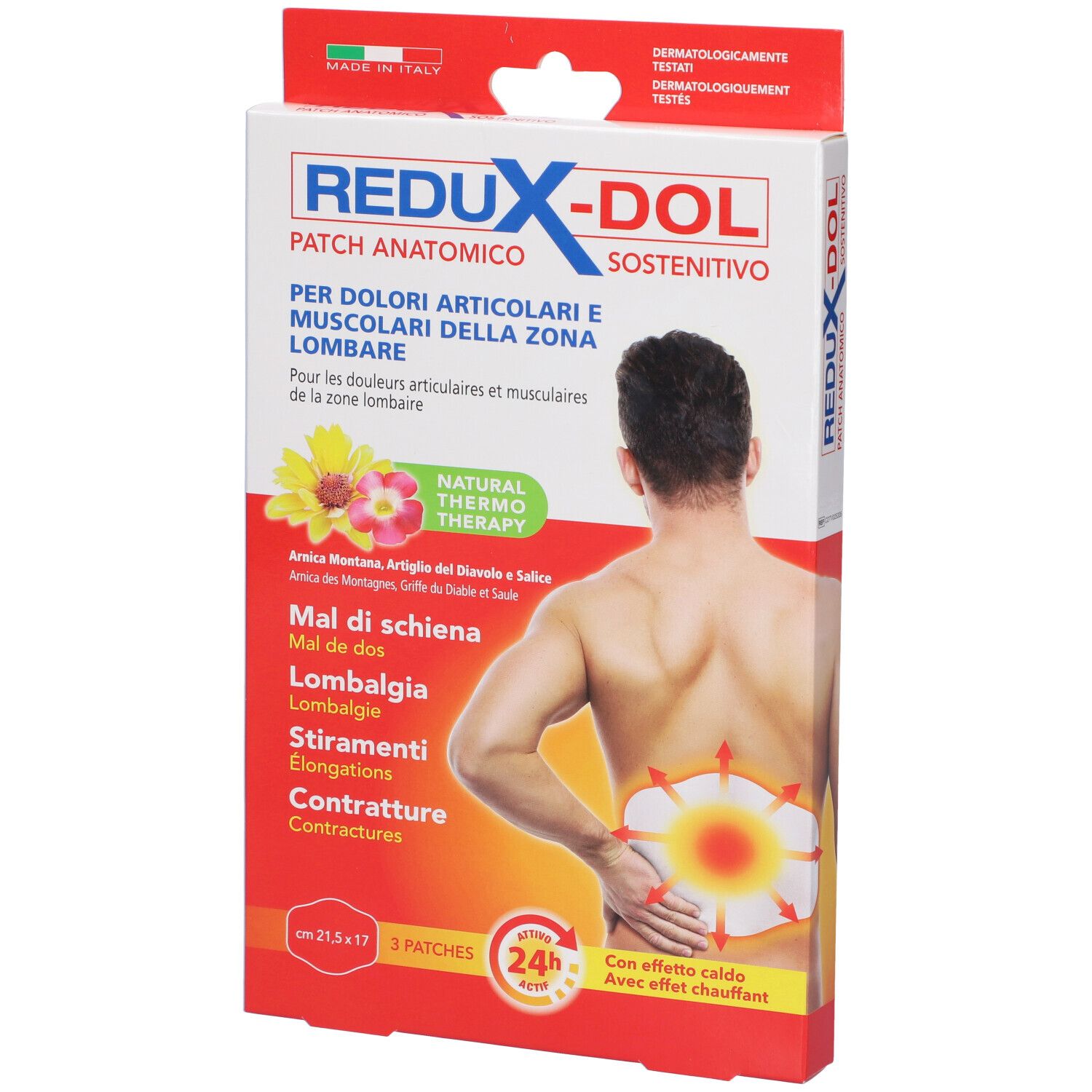 Confezione REDUX-DOL Patch Anatomico Sostenitivo. Rappresentazione del dorso umano con punti di dolore. Scritte in italiano e francese.