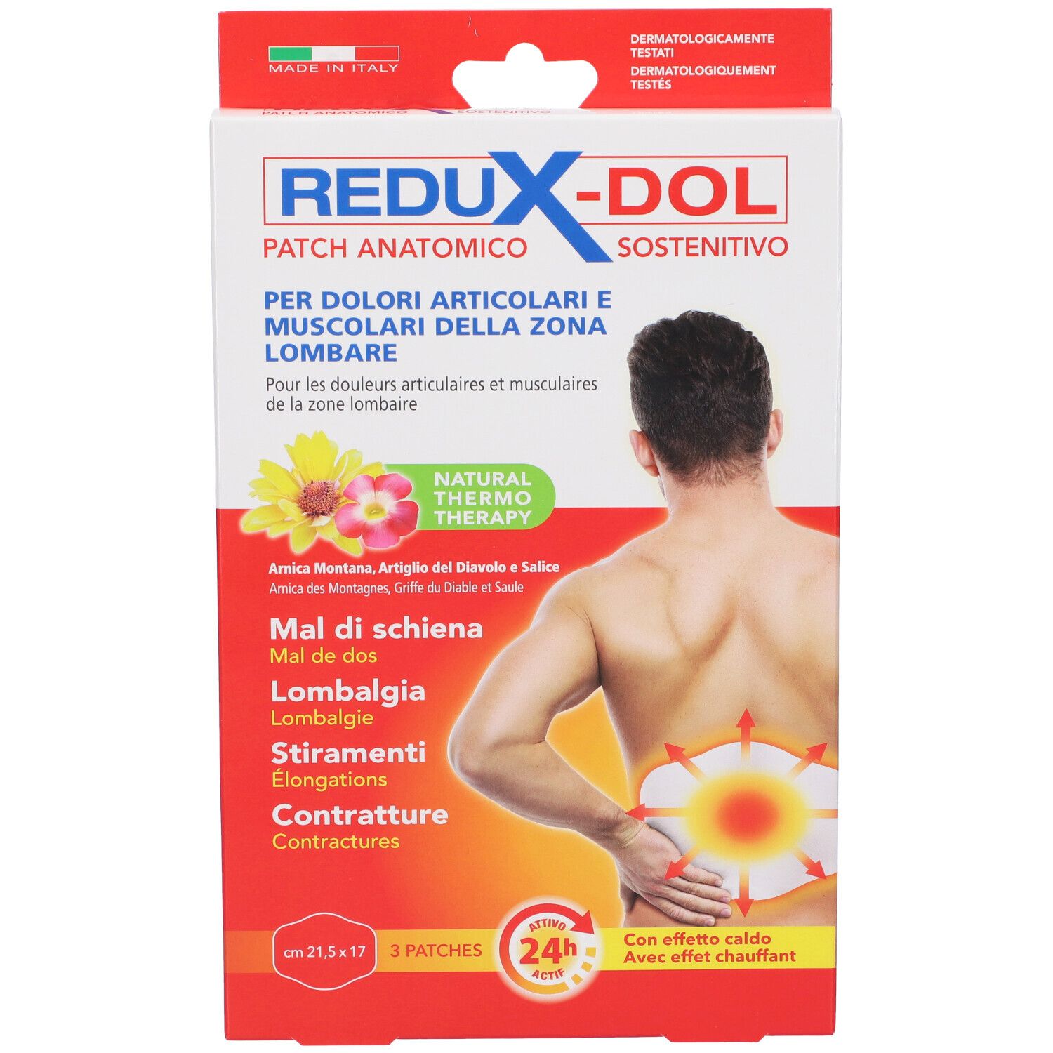 Confezione REDUX-DOL Patch Anatomico Sostenitivo. Rappresentazione del dorso umano con punti di dolore. Scritte in italiano e francese.
