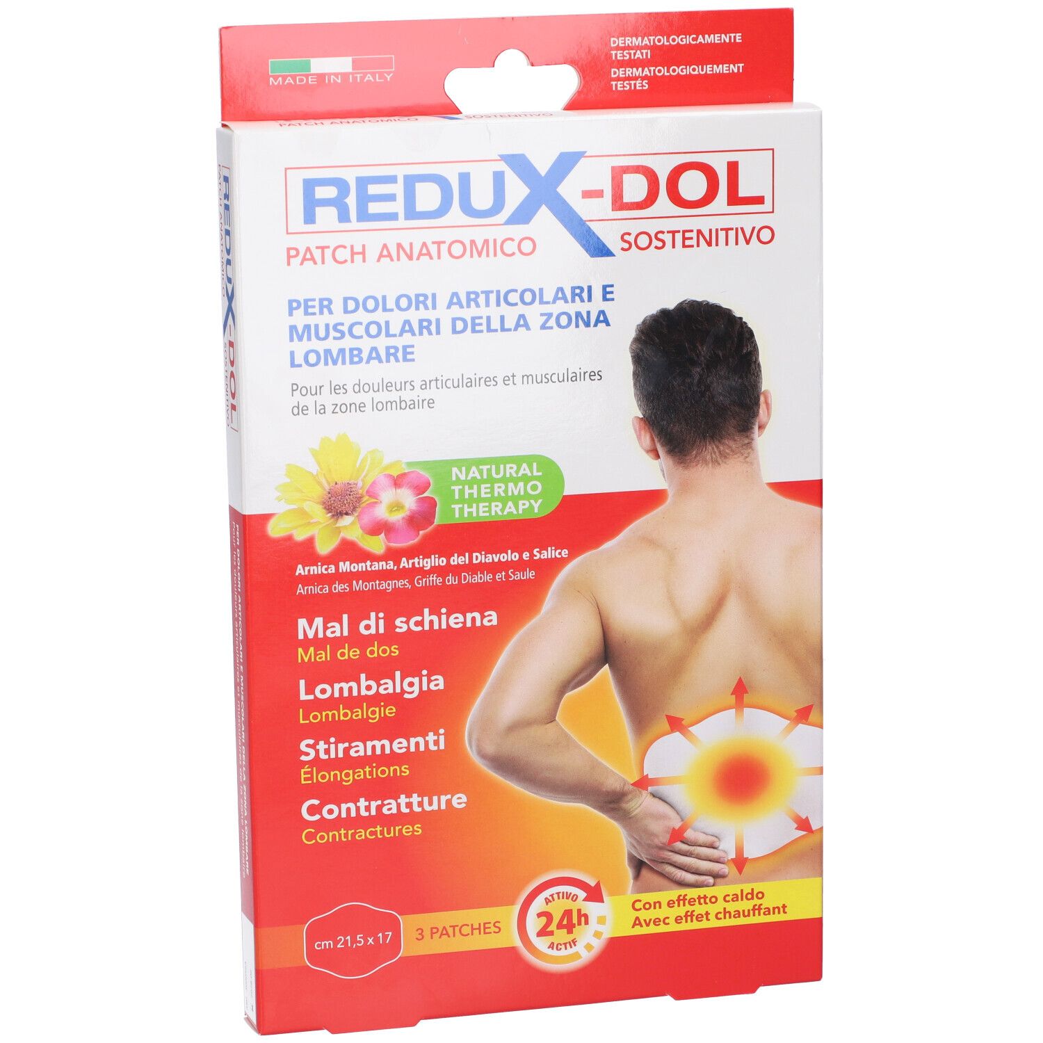 Confezione REDUX-DOL Patch Anatomico Sostenitivo. Rappresentazione del dorso umano con punti di dolore. Scritte in italiano e francese.