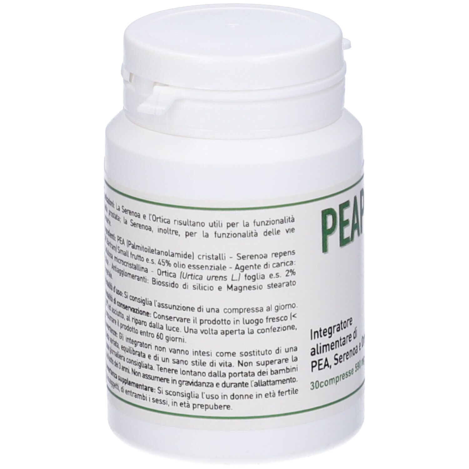 Flacone bianco di compresse con etichetta verde. Testo con ingredienti e istruzioni. Scritta: PEAPROST.