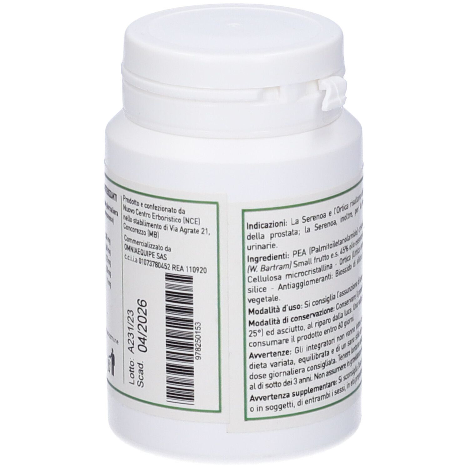 Flacone bianco di compresse. Etichetta verde con testo. Scritta: PEAPROST. Numero di lotto e data di scadenza.