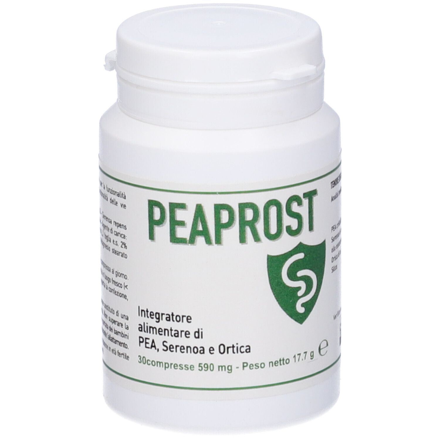 Flacone bianco di compresse con etichetta verde. Scritta: PEAPROST. Logo con 'S'. Contiene 30 compresse.