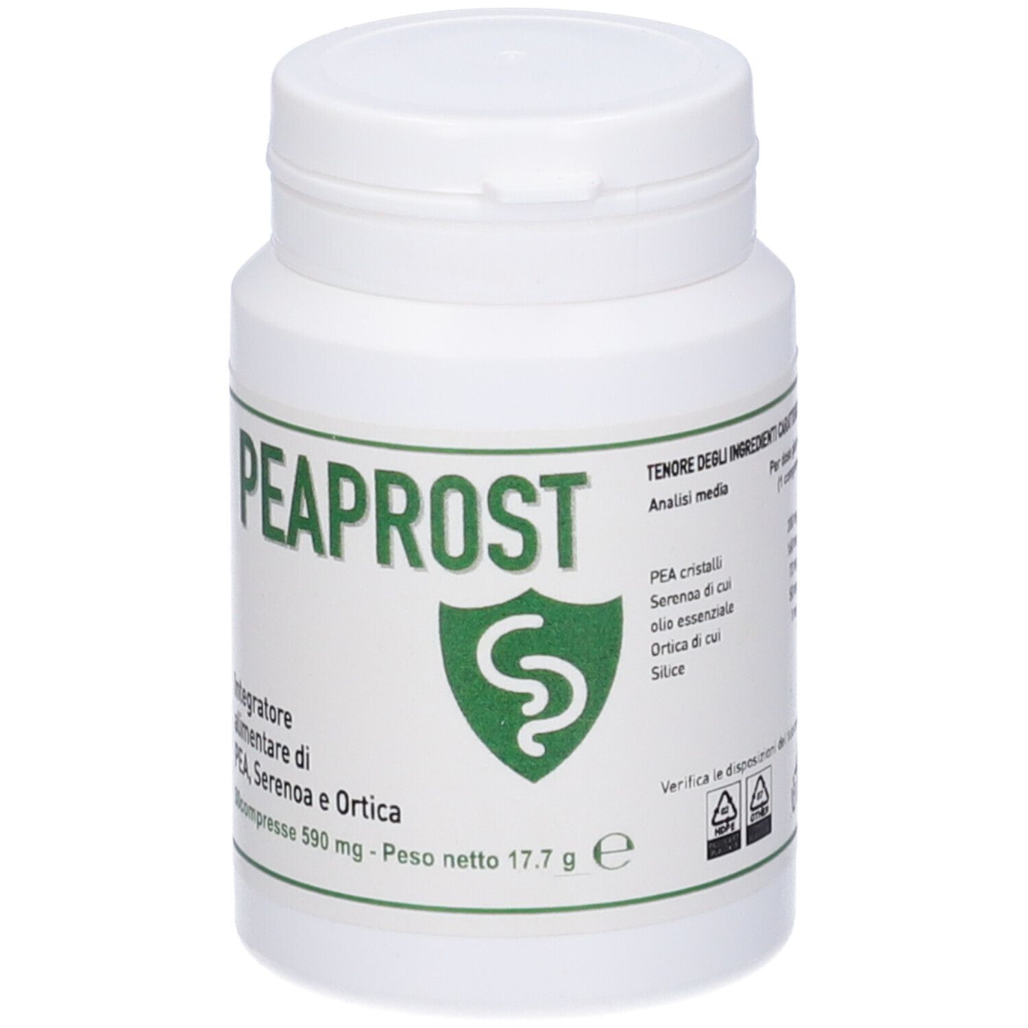 Flacone bianco di compresse con etichetta verde. Scritta: PEAPROST. Logo con 'S'. Contiene 30 compresse.