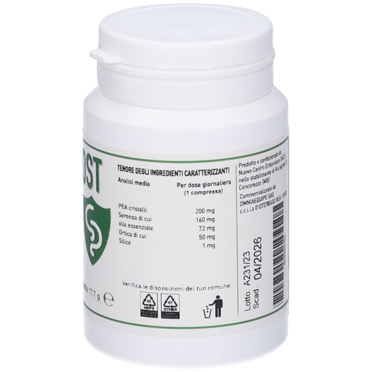 Flacone bianco di compresse con etichetta verde. Scritta: PEAPROST. Tabella degli ingredienti. Data di scadenza.