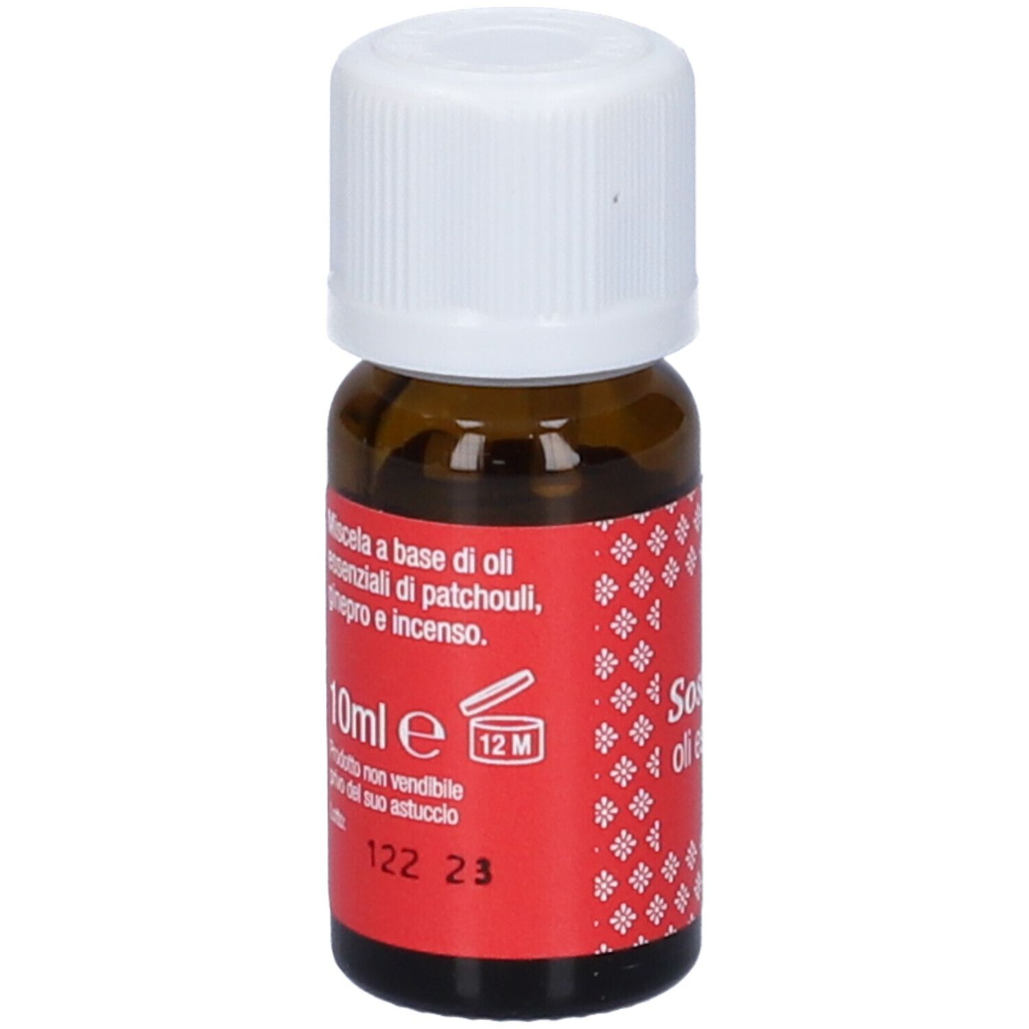 Flacone di vetro marrone con tappo bianco. Etichetta rossa con testo e 10ml e. Durata: 12M.