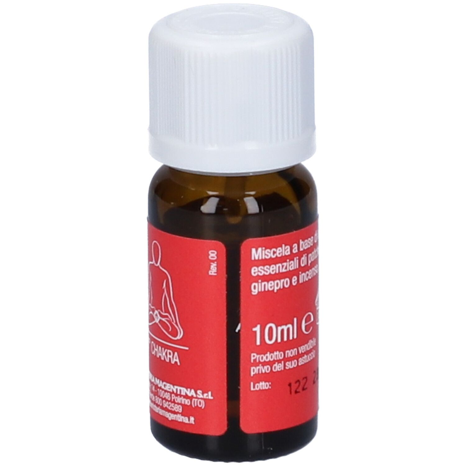 Flacone di vetro marrone con tappo bianco. Etichetta rossa con testo, 10ml e e un logo.
