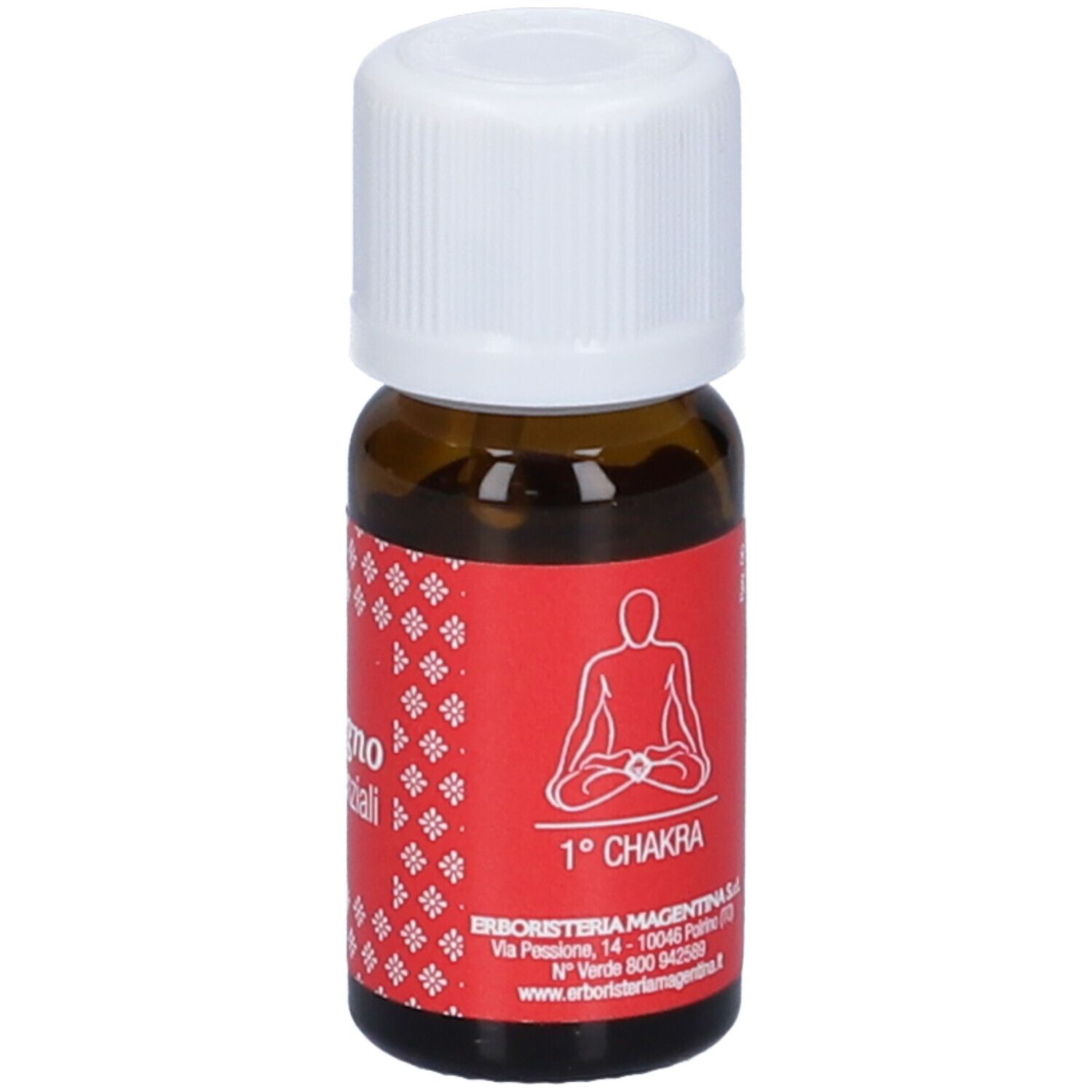 Flacone di vetro marrone con tappo bianco. Etichetta rossa con testo, logo e 1° Chakra.