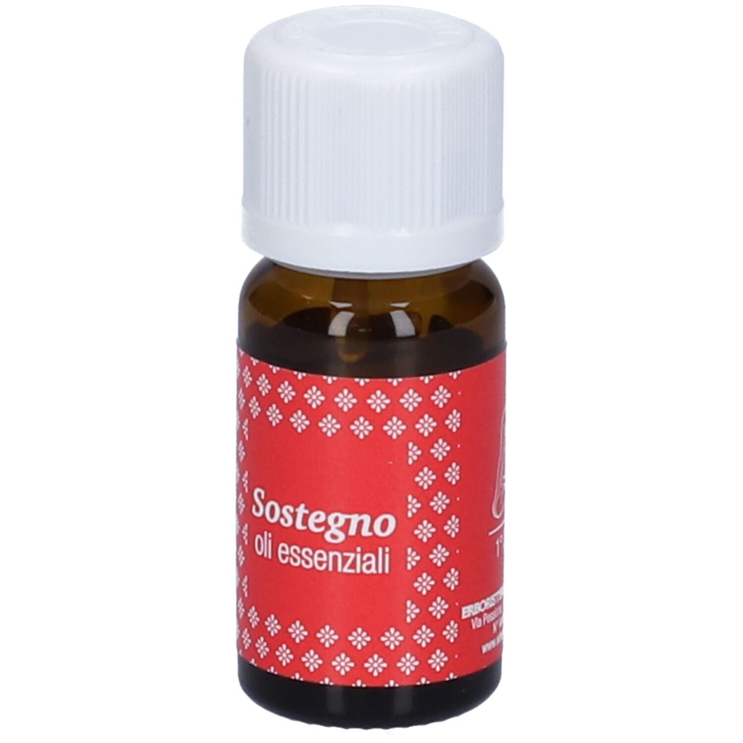 Flacone di vetro marrone con tappo bianco. Etichetta rossa con testo: Sostegno oli essenziali.