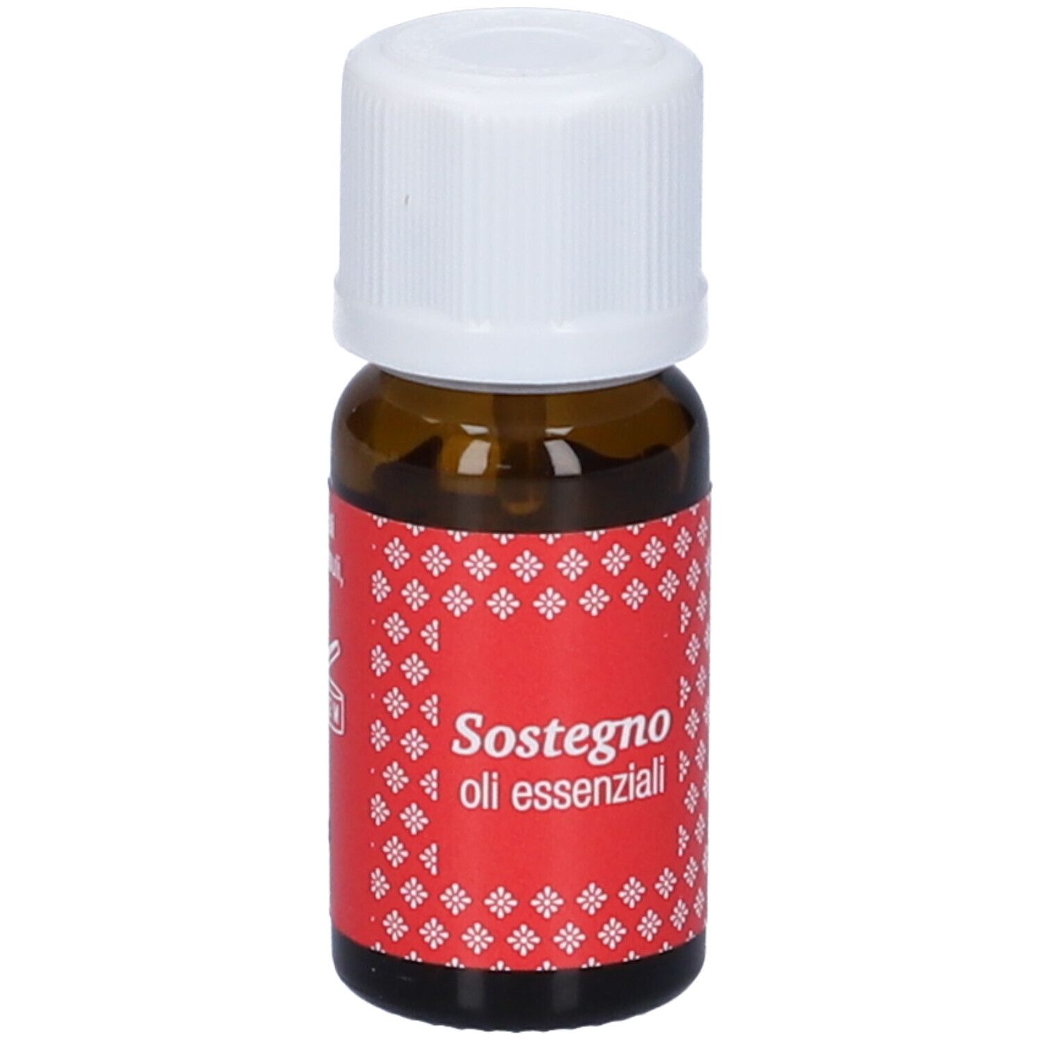 Flacone di vetro marrone con tappo bianco. Etichetta rossa con testo: Sostegno oli essenziali.