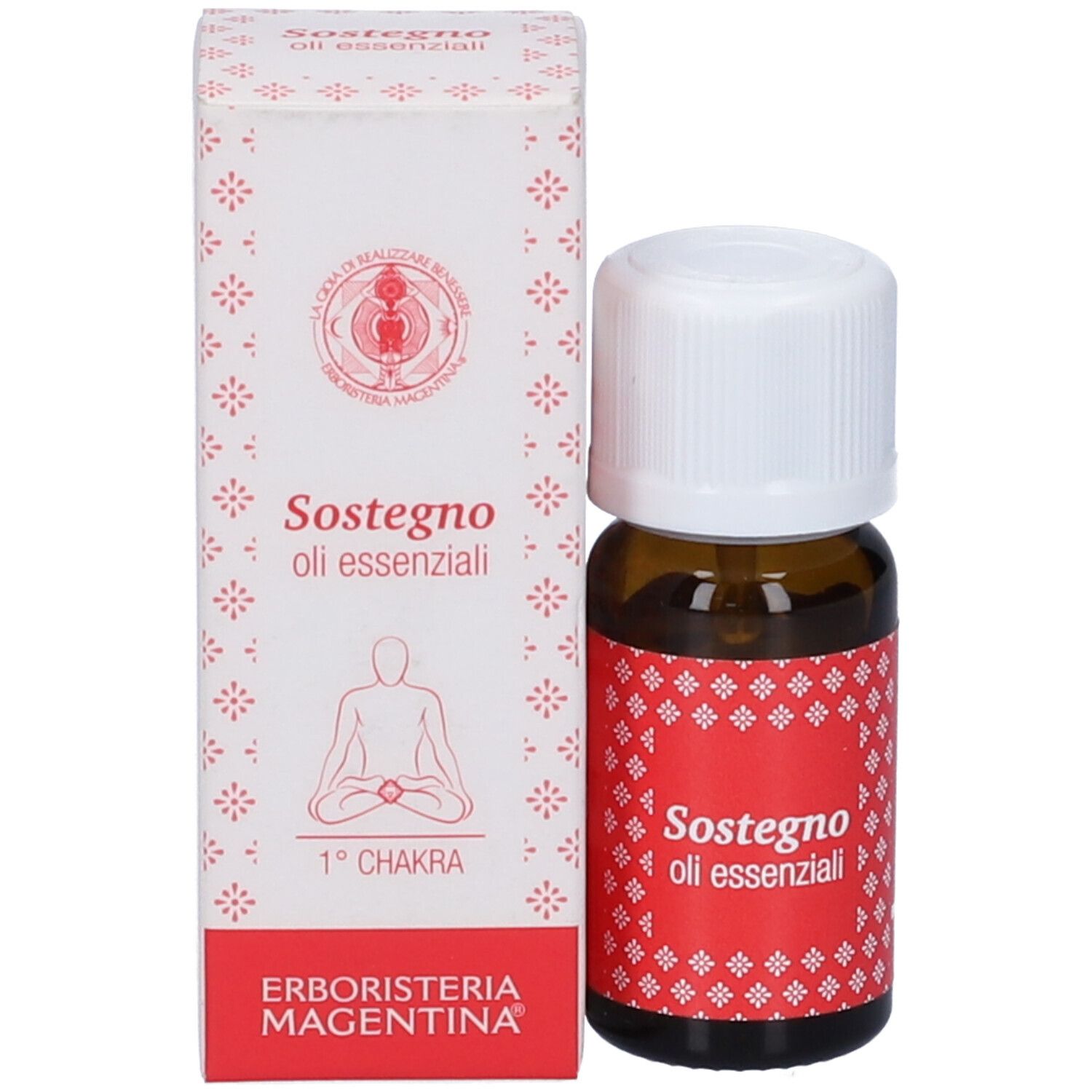 Flacone di vetro marrone con tappo bianco e confezione. Etichetta rossa con testo: Sostegno oli essenziali.