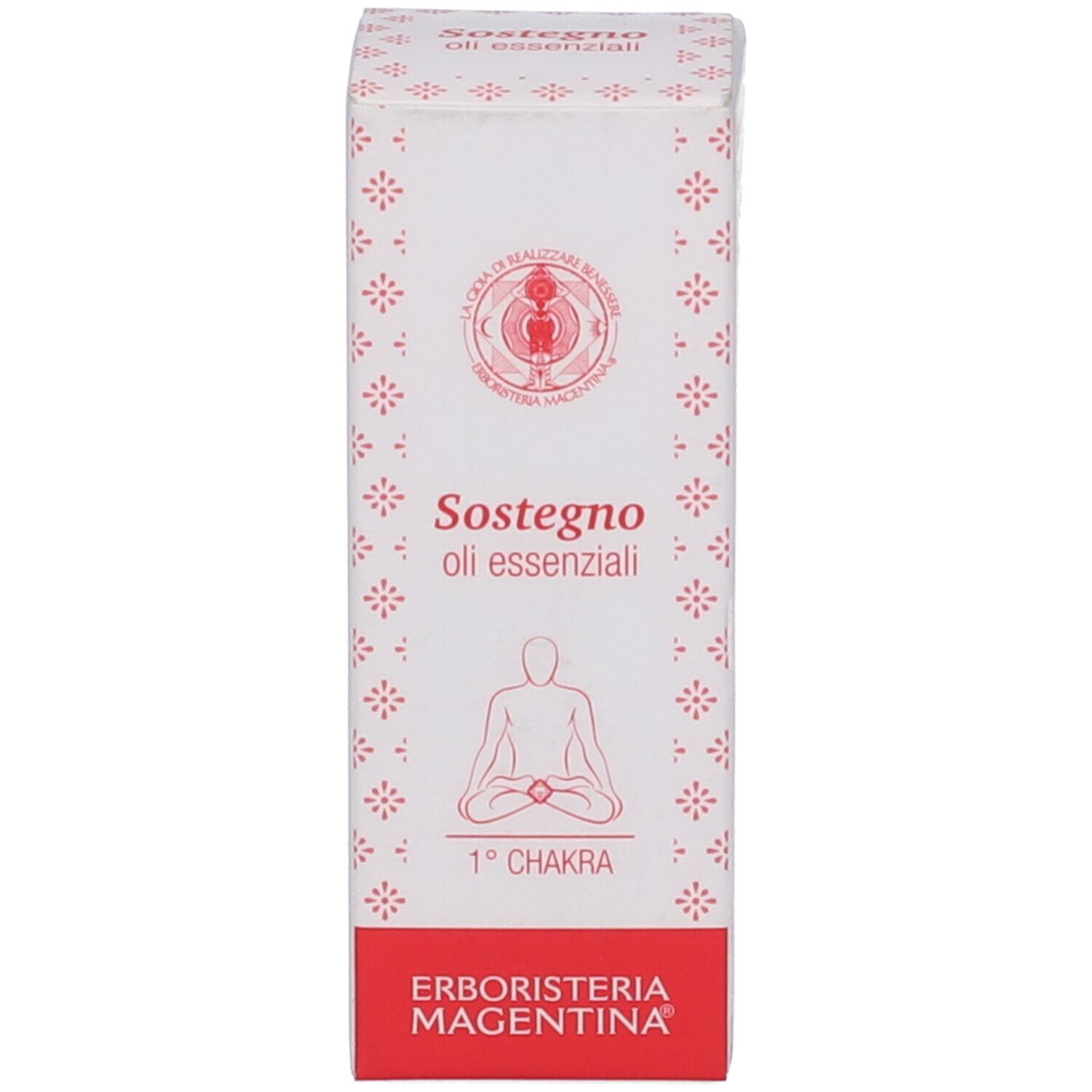 Confezione con testo: Sostegno oli essenziali e logo. Illustrazione di una persona.